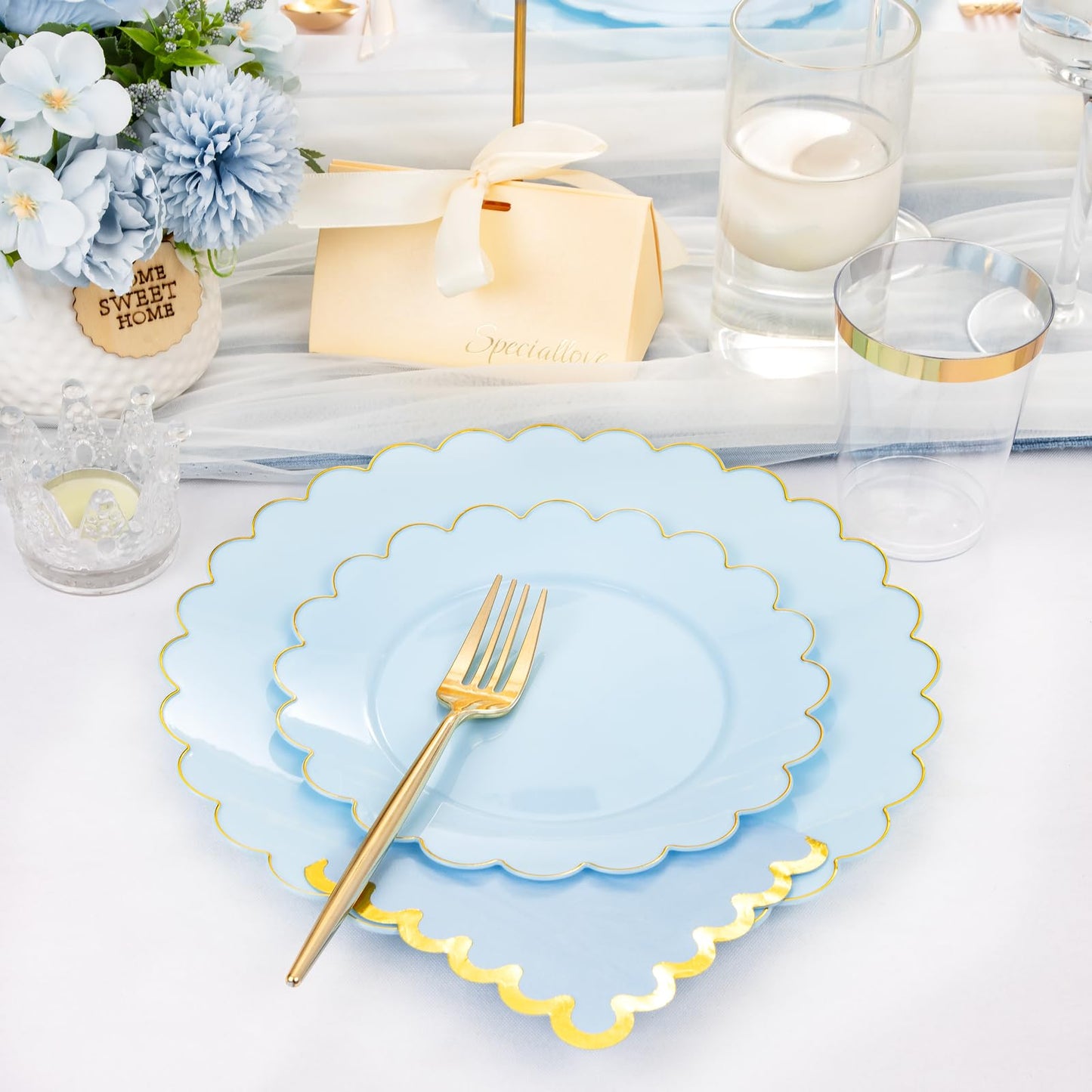 LIYH 210 Pcs Light Blue Plastic Dinnerware Set - Baby Blue Plastic Plates Napkins with Gold Foil Include Bridal Shower Plates Disposable Gold Silverware Napkins Cups for Birthday 30 Guests