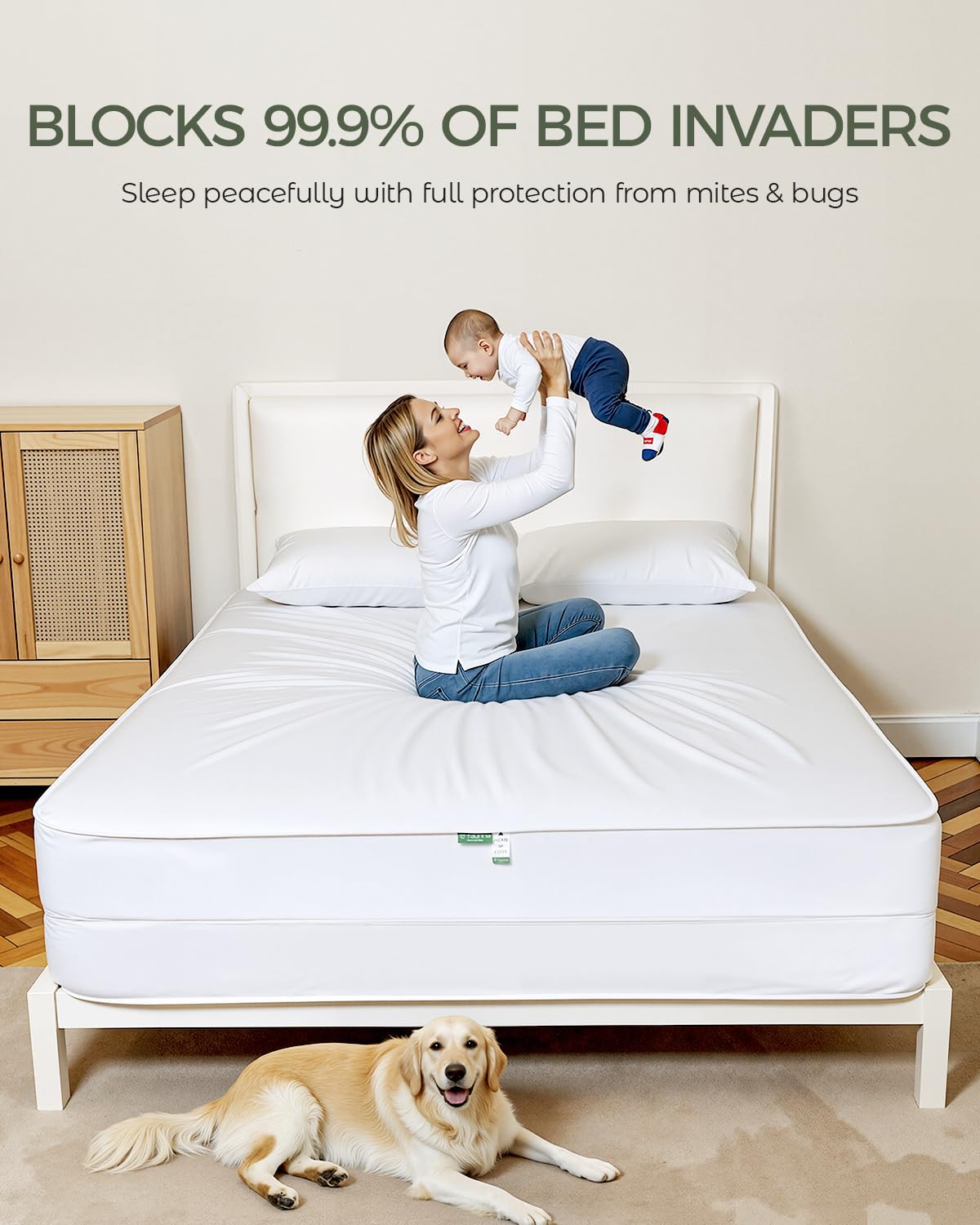 FAUNNA 100% Cotton Mattress Encasement, Zippered Bed Bug and Dust Mite Proof Mattress Protector, Hypoallergenic Antibacterial Protection, Noiseless Zipper Six-Sided Mattress Cover (Queen 16" Deep)