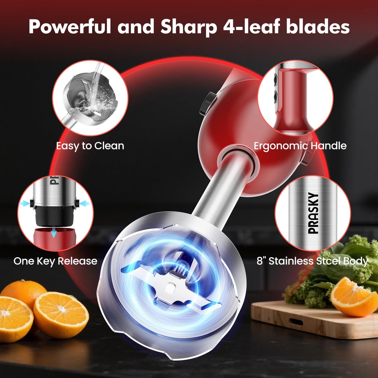 Immersion Blender Handheld 1200W, 5-in-1 Hand Blenders, 20 Speeds Hand Mixer, Stainless Steel Blades, Milk Frother Wand, Whisk, Beaker, Suitable for Kitchen, Protein Shakes and Baby Food (Red)
