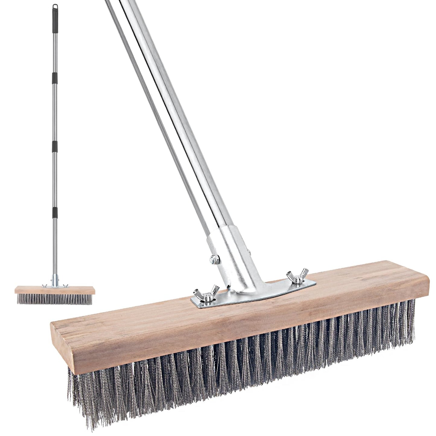 Stainless Steel Wire Scrub Brush with Long Handle for Deck, Concrete, Patio Floor Cleaning, 59'' Heavy Duty Stiff Metal Bristle Scrubber Broom for Outdoor Moss Removal