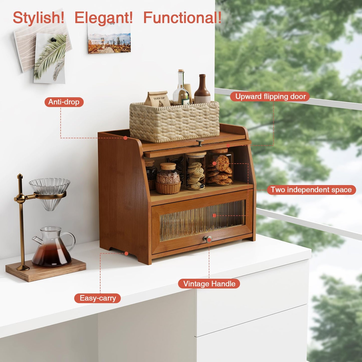 Goozii Wooden Bread Box for Kitchen Countertop, Dark Wood Bread Storage Container for Homemade Bread, 2 Tier Roll Top Breadbox Holder Keeper for Sourdough Loaf Storage (Walnut Brown)