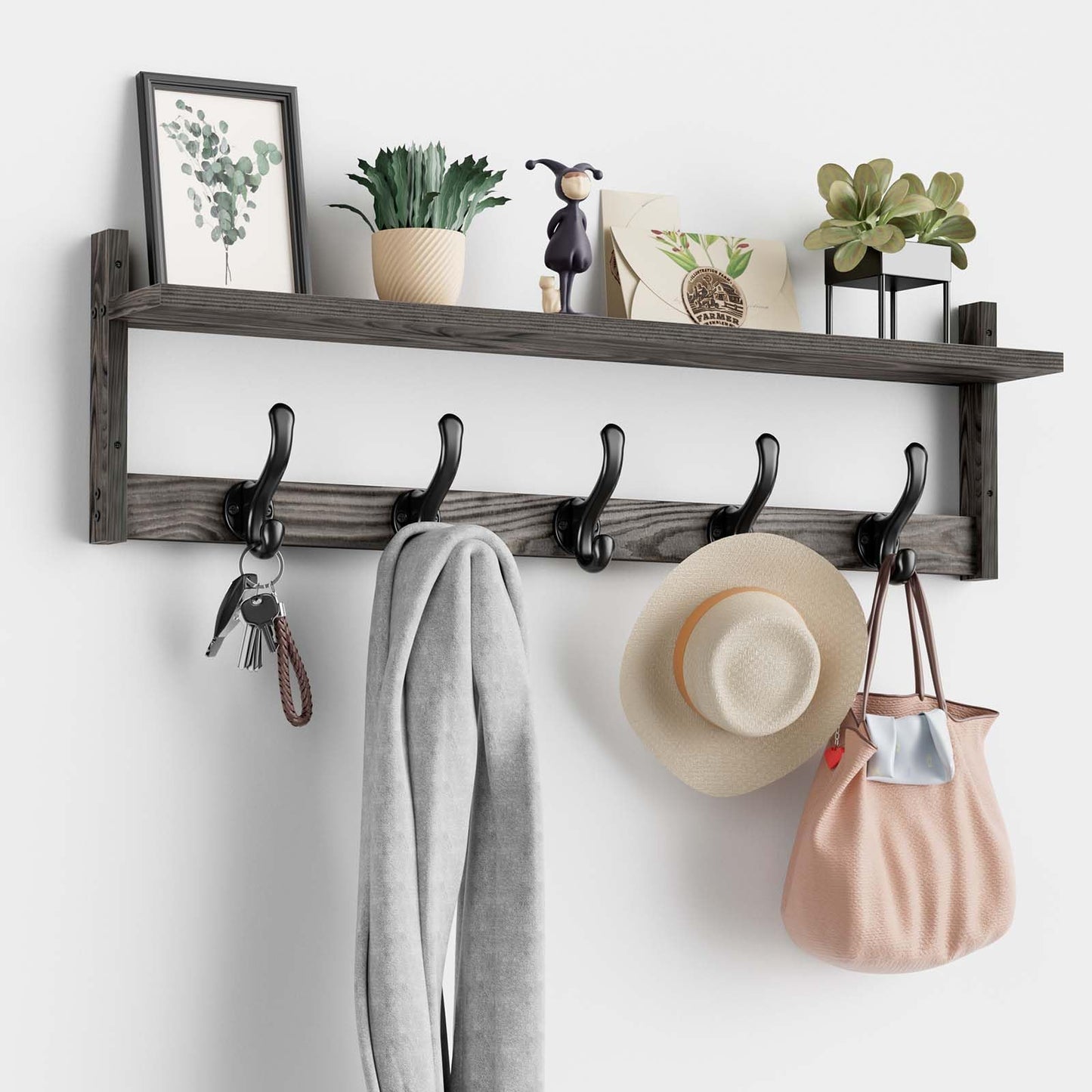 Tatub 29'' Coat Rack Wall Mount with Shelf, Wood Wall Hooks with Storage, Entryway Shelf with 5 Coat Hangers for Bathroom, Living Room, Bedroom, Ebony