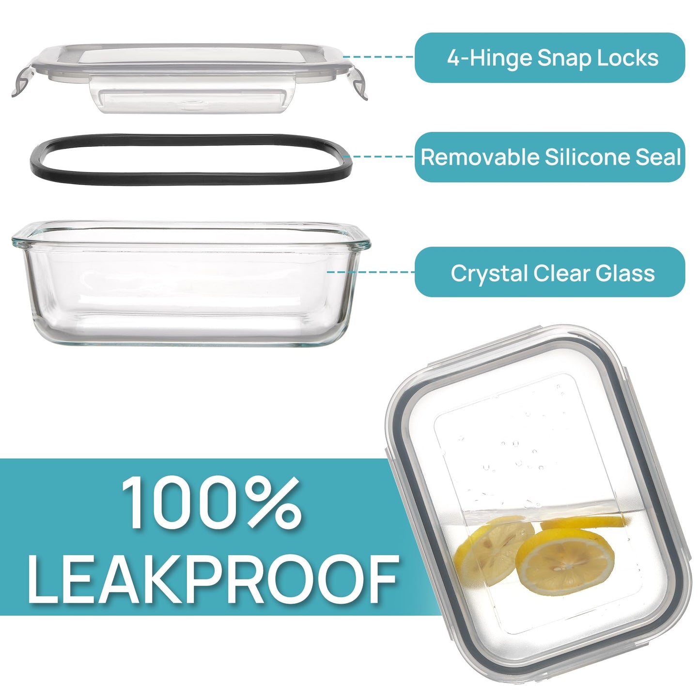 Vtopmart 5Pack 22oz Glass Storage Containers with Lids, Glass Meal Prep Food Container Sets with Snap Airtight Lids for Microwave, Oven, Freezer and Dishwasher, Grey