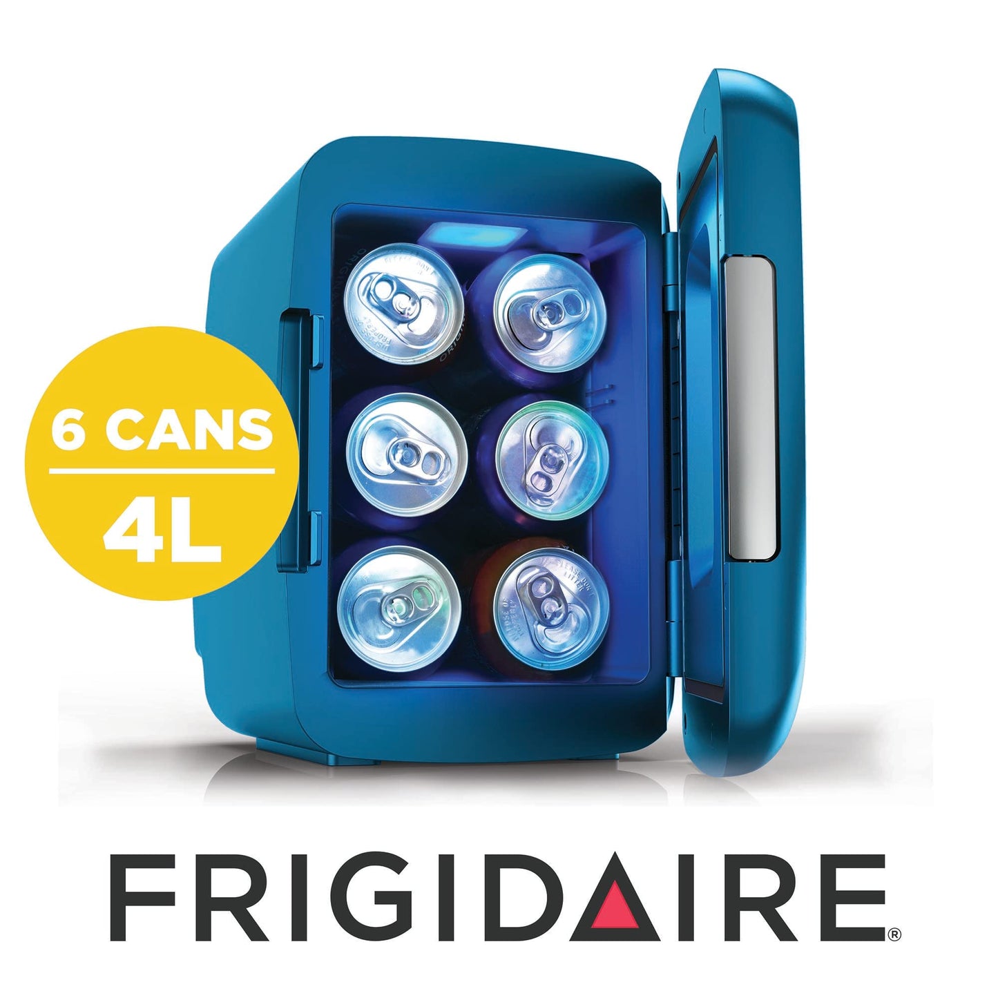Frigidaire Gaming Light Up Mini Beverage Refrigerator, 6 can, 4 liters, Cooler with large see through door and LED lights Perfect for Gaming Experience, Home, Office, or Cars.12V Charger (Blue)