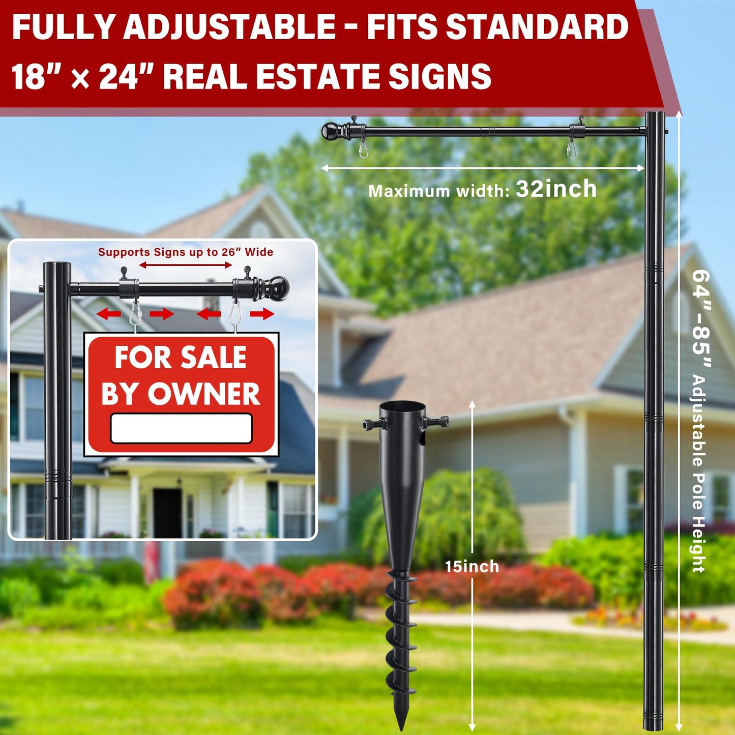 Real Estate Sign Post For Outside - Heavy Duty Metal Yard Sign Stand Pole with Anti-Tip Anchor,7ft Adjustable,Wind-Responsive Clips, Fits 18"X24" To 26" Frame For Sale,Address,Open House-Black