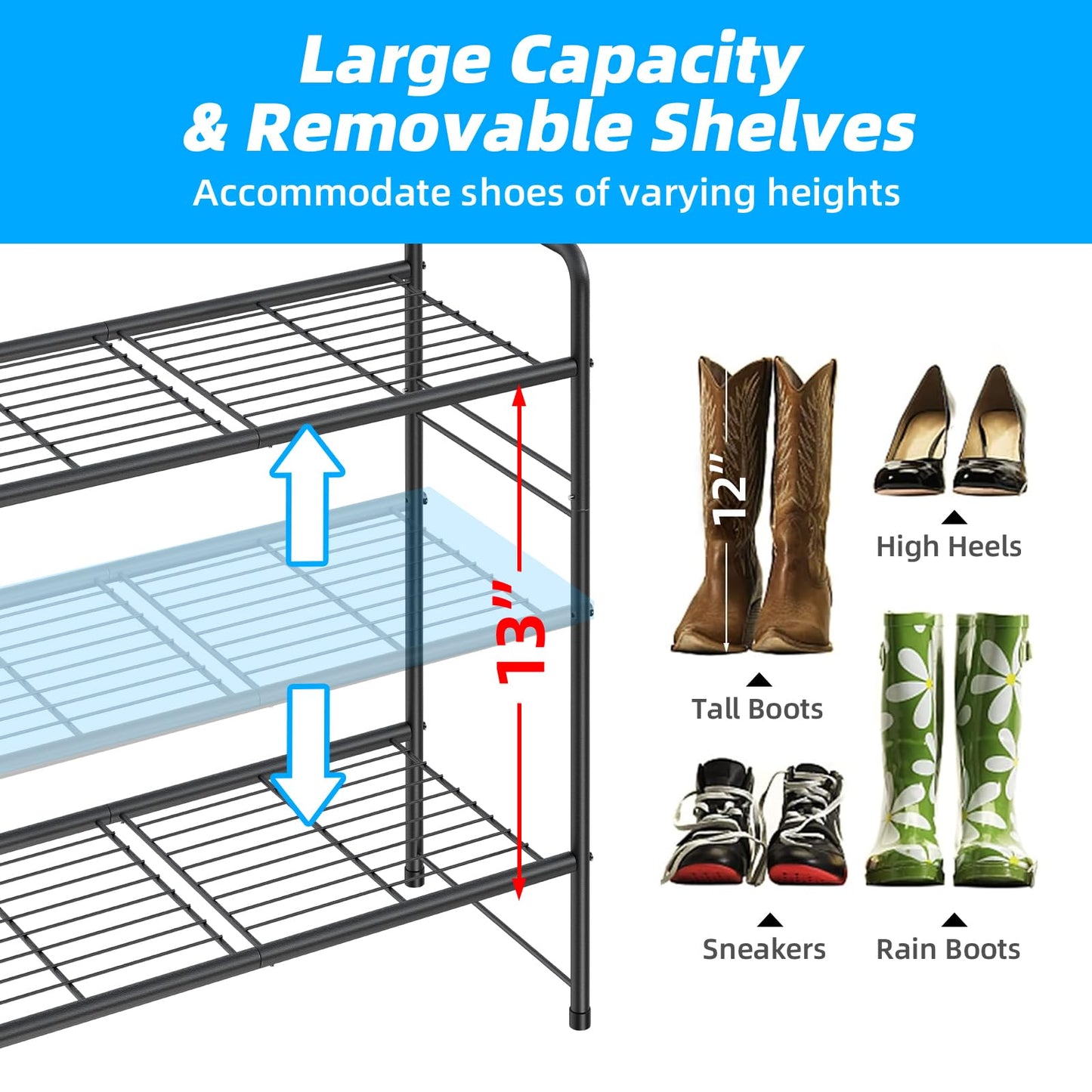 MWQ 3 Tier Shoe Rack for Closet, 44 Inch Extra Long Shoe Storage Organizer for Shelves, Heavy Duty Metal, Easy Assembly, Black