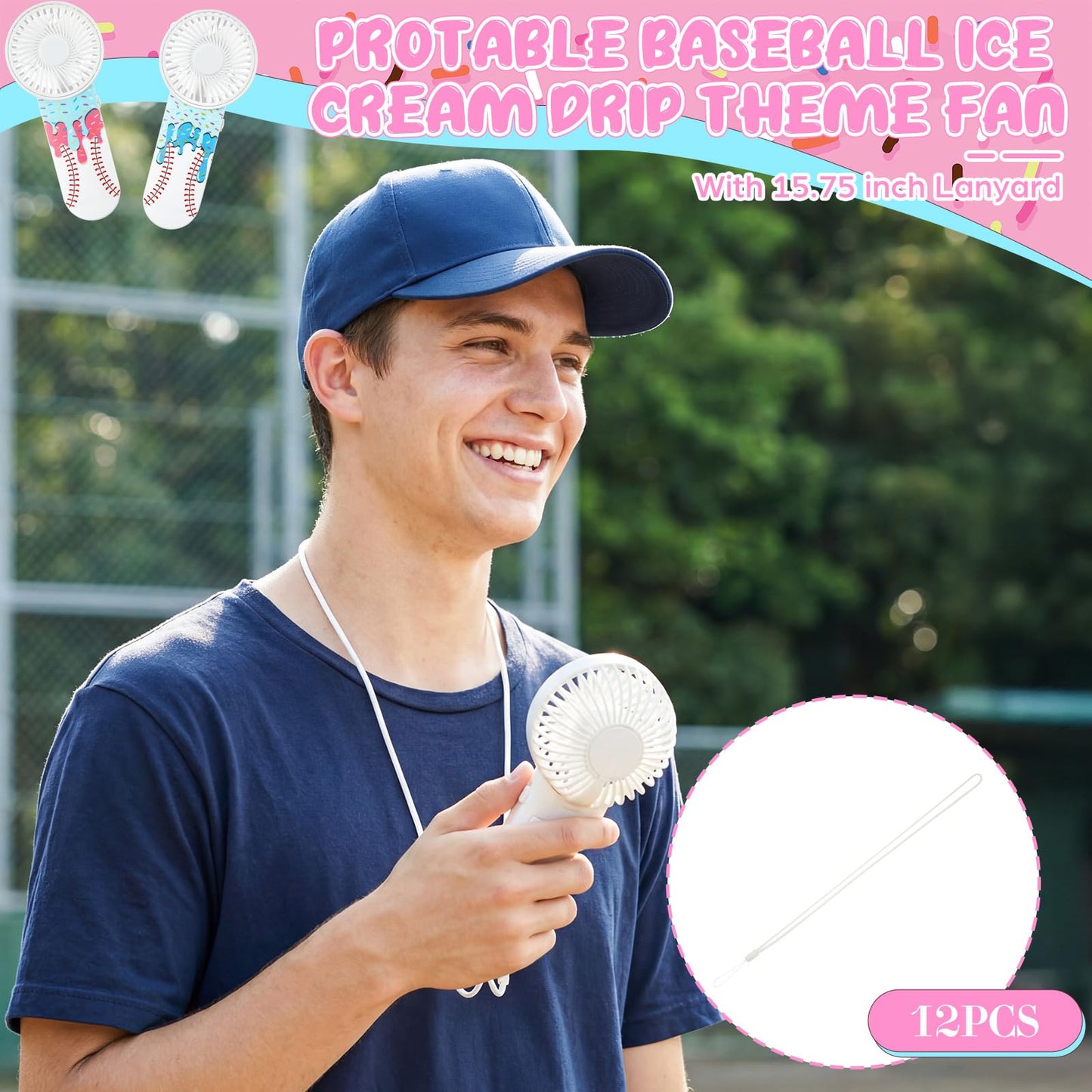 Honoson 12 Pcs Mini Portable Baseball Ice Cream Drip Fan Bulk Small Personal Handheld Fan with Lanyard for Team Gift Game Outdoor Sport Party Favors, Battery Not Include(Pink and Blue)