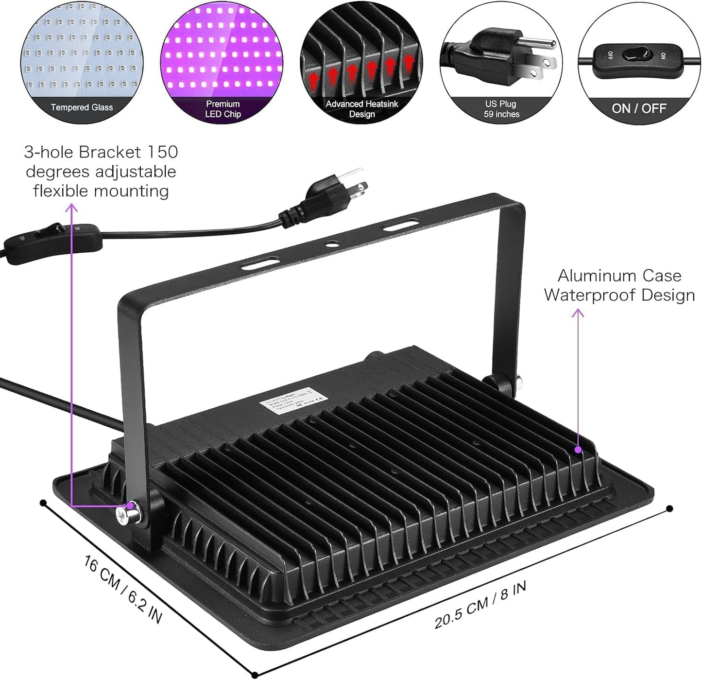 YANYCN 3 Pack 100W LED Black Lights, Blacklight Flood Light with Plug and Switch, 120V IP66 Waterproof Blacklight for Halloween Party, Glow in The Dark, Stage Light, Body Paint, Neon Glow