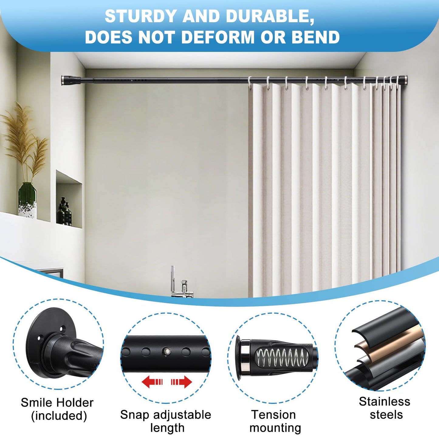 Tension Curtain Rod, 42 to 115 inch Adjustable Heavy Duty black shower curtain rod for bathroom Closet Windows