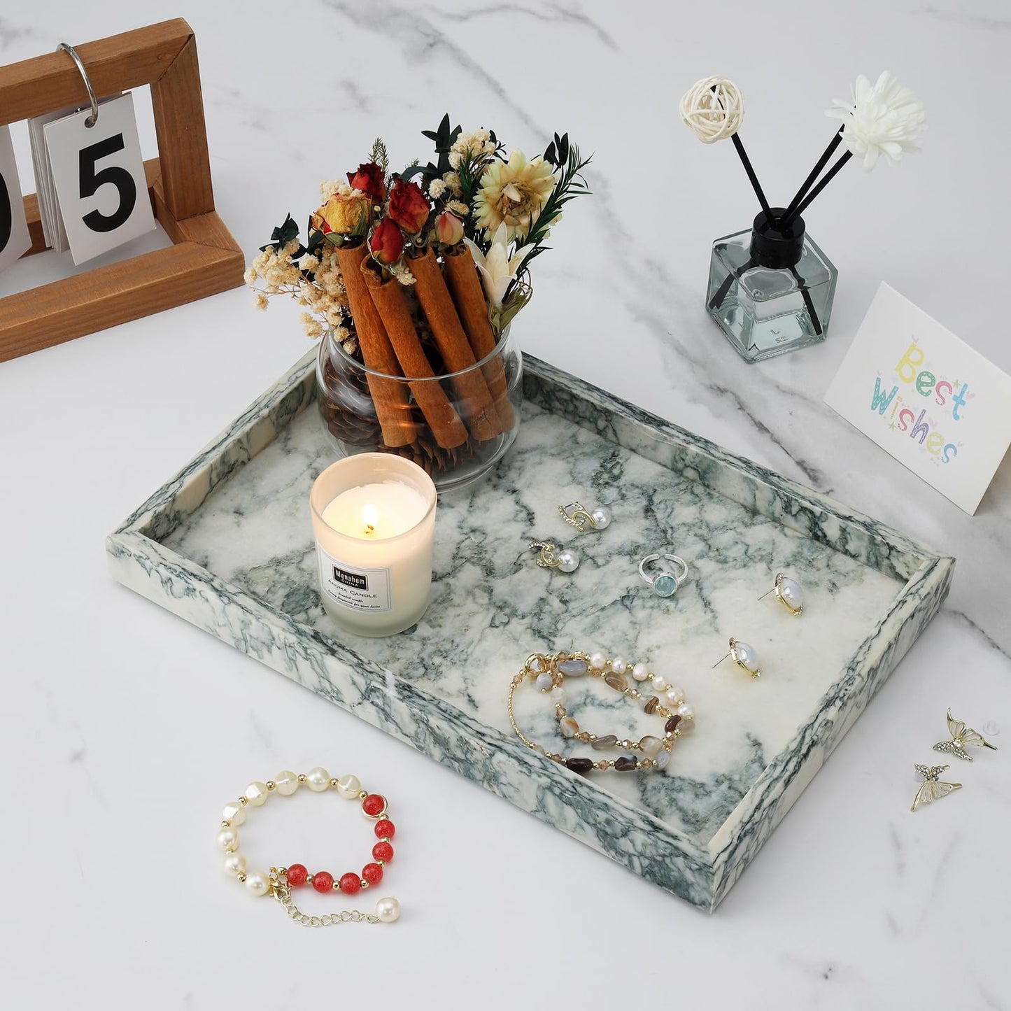 MULWR Marble Bathroom Tray,Pure Natural Vanity Tray,Marble Tray for Kitchen Counter Non-Ceramic/Non-Resin,Stone Trays 12 x 8 inch Cyan Green
