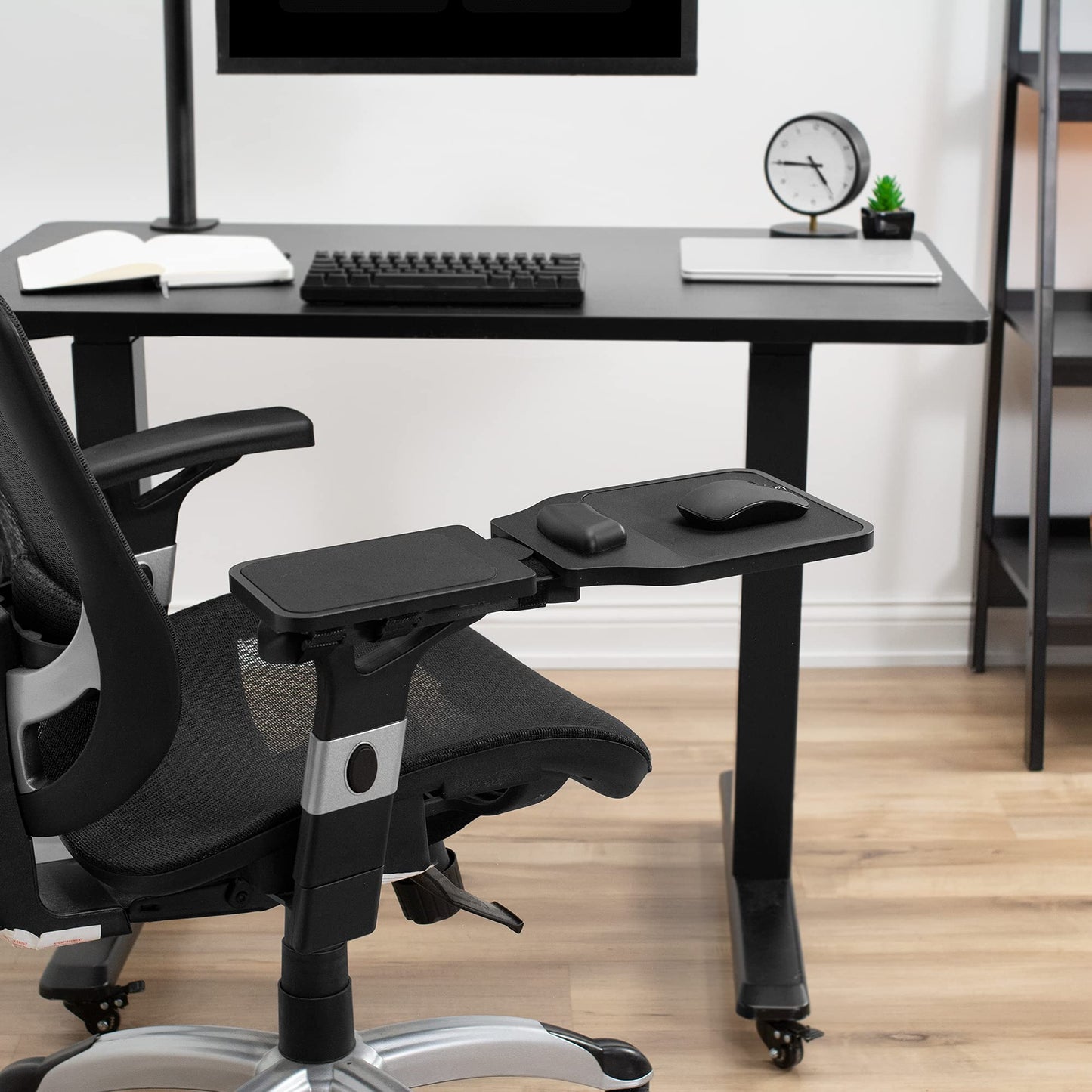 VIVO Wood Arm Rest Mouse Pad with Wrist Cushion, Adjustable Length Support Platform Tray, Chair Attachment Extension with Straps, Black, MOUNT-MS02D