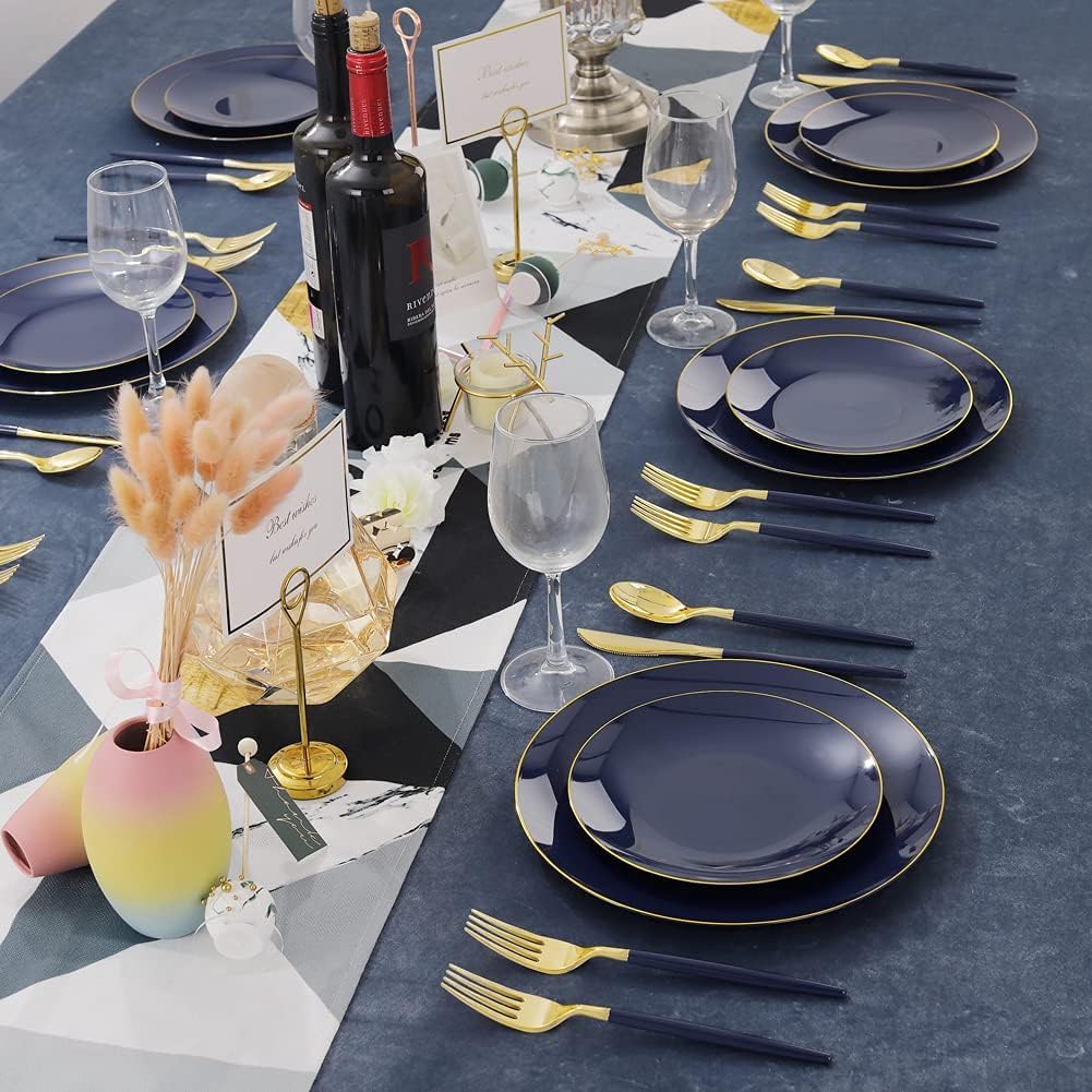 Liacere 150PCS Blue Plastic Plates - Gold Plastic Silverware with Blue Handle - Navy Disposable Plates Include 30 Guests Plates,Forks,Spoons,Knives for Party & Graduation & Independence Day