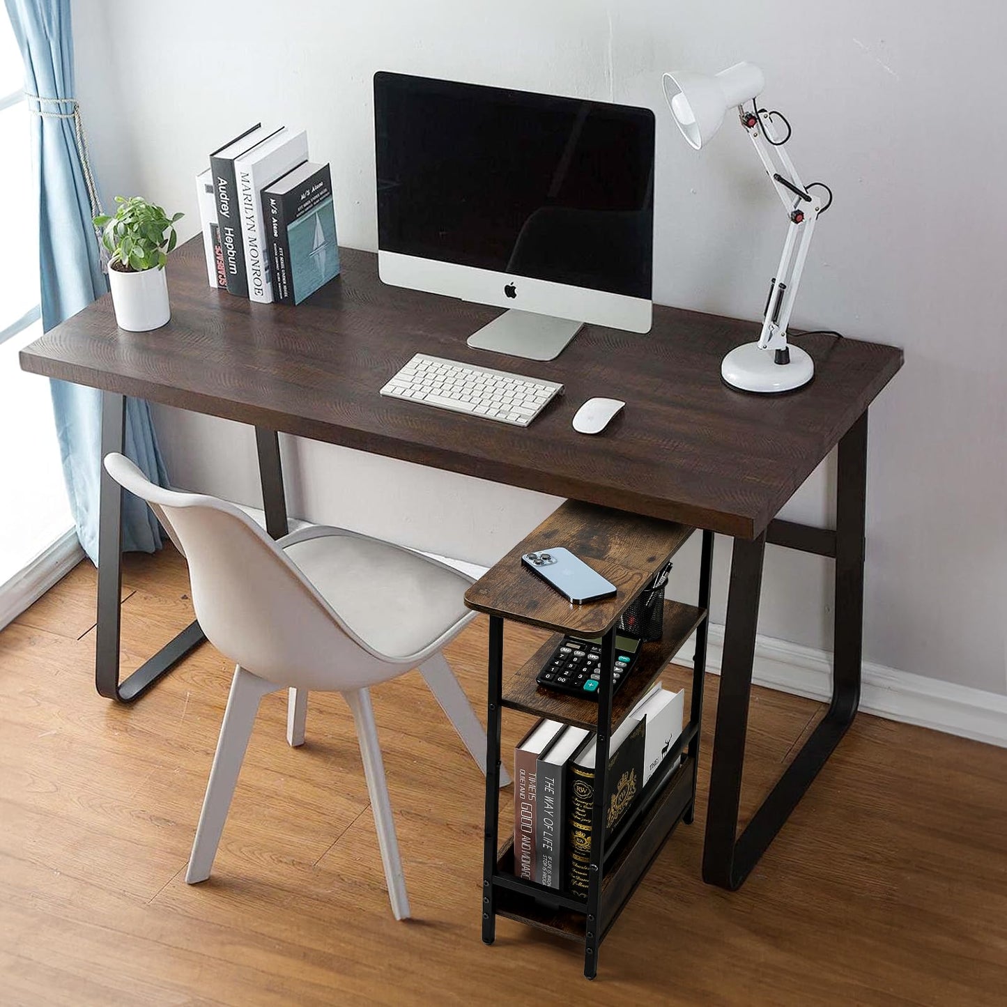 Tedheve Narrow Side Table for Small Spaces, 3-Tier Small End Table with Storage Shelf and Magazine Holder, Slim and Skinny Nightstand for Bedroom, Living Room Sofa Table for Space Saving, Brown