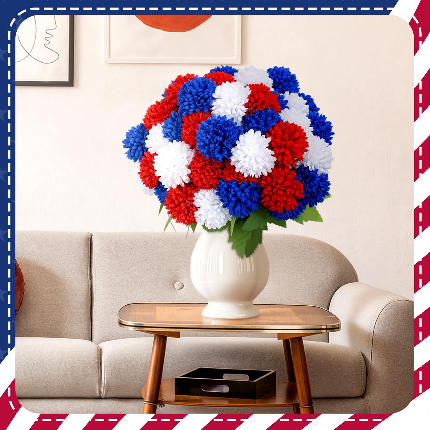 12 Bundles Red White Blue Artificial Flower for Outdoor UV Resistant 250th Anniversary Patriotic Outdoor Decoration Fake Chrysanthemum Flowers for July of 4th Independence Day National Day Party Decor