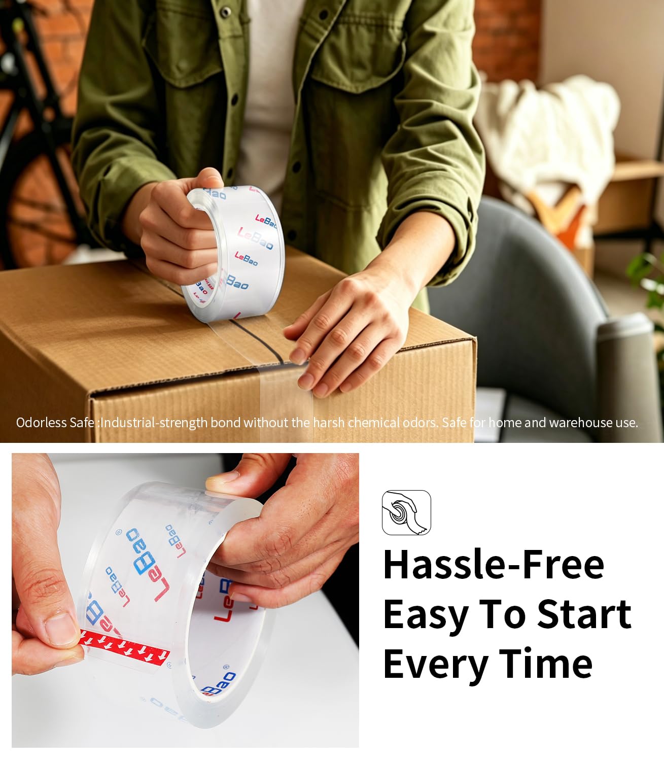 LeBao Clear Heavy Duty Shipping Packing Tape with Metal Dispenser, 12 Rolls 2.7 Mil Thick Ultra Strong Packaging Tape Refills Extreme Grip for Moving, Packaging, Storage Boxes Sealing 1.88 in x 60 Yds
