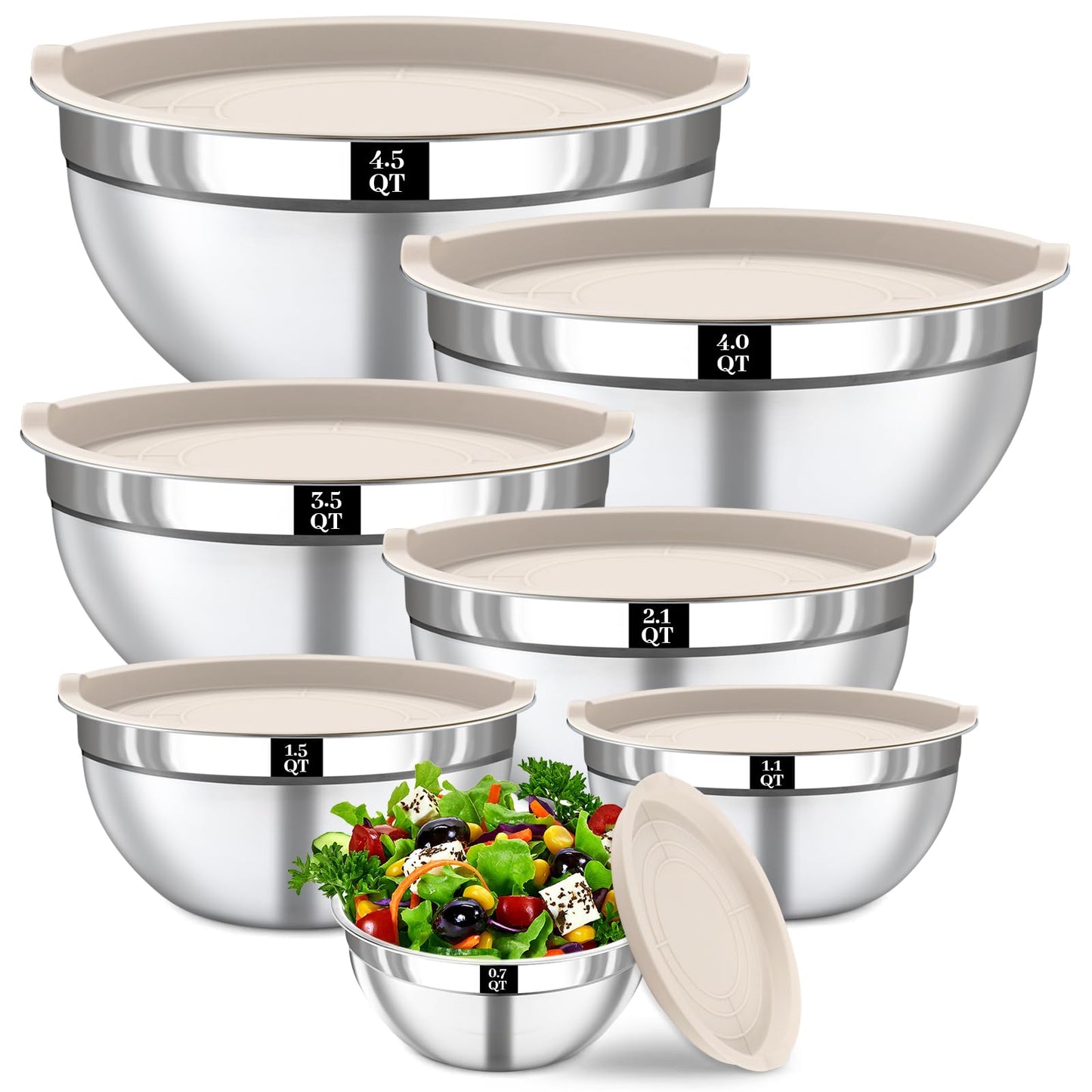 Boskermeal Mixing Bowls with Lids Set - 7PCS Nesting Mixing Bowls, Lids, Stainless Steel Mixing Bowls for Mixing, Baking & Meal Prep, Dishwasher Safe, Size 0.7/1.1/1.5/2.1/3.5/4/4.5 QT, Khaki