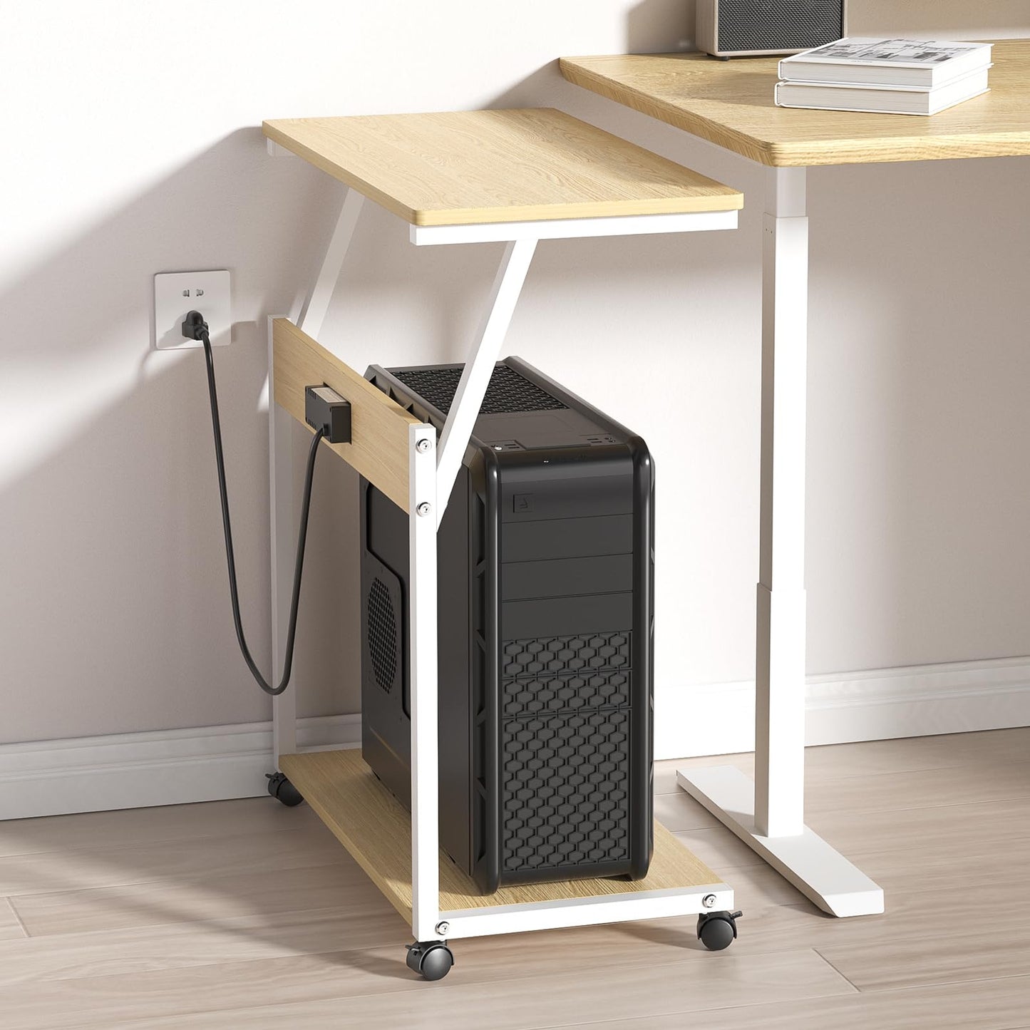 FANXIYQ Computer Tower Stand with 360° Locking Casters, 5 Height Adjustable Mobile CPU Cart, Under Desk PC Holder for Gaming Desktop, Home Office Organization, White