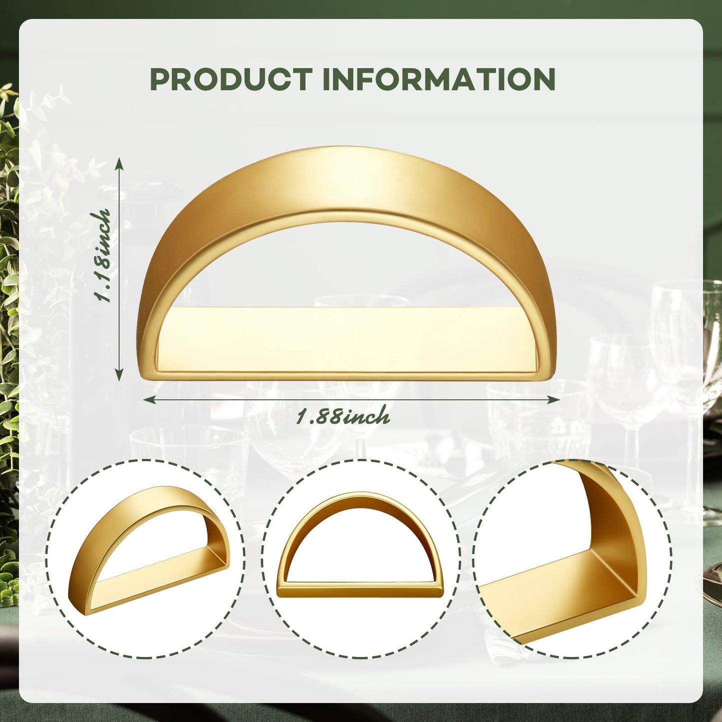 100 Pcs Stainless Steel Napkin Rings Festival Metal Napkin Ring Holders Modern Serviette Buckles Metallic Adornment for Table Settings Kitchen Dinner Party Wedding (Matte Gold Semicircle)