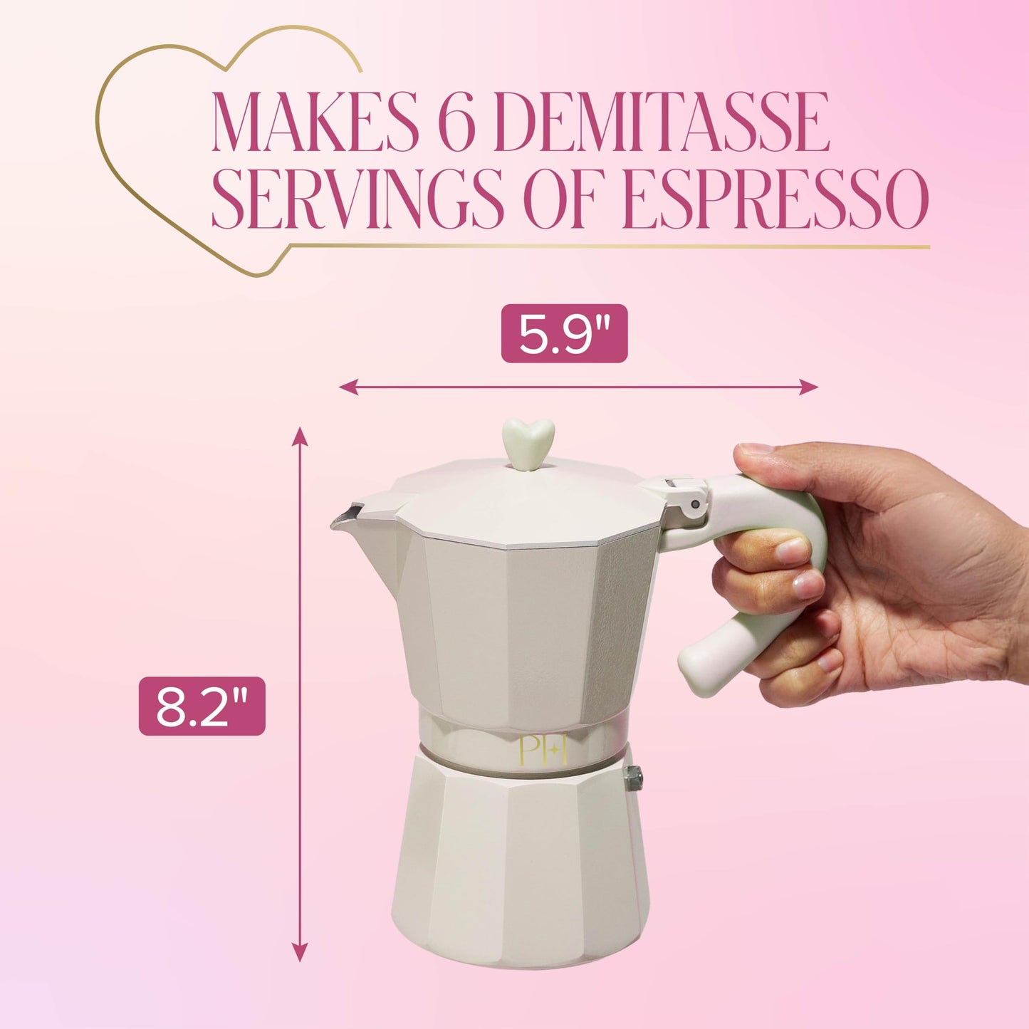 Paris Hilton Stovetop Espresso and Coffee Maker, Italian & Cuban Style Coffee Pot with Iconic Heart Knob, Perfect for Rich Aromatic Espresso, Makes up to 6 Espresso Cups, Cream