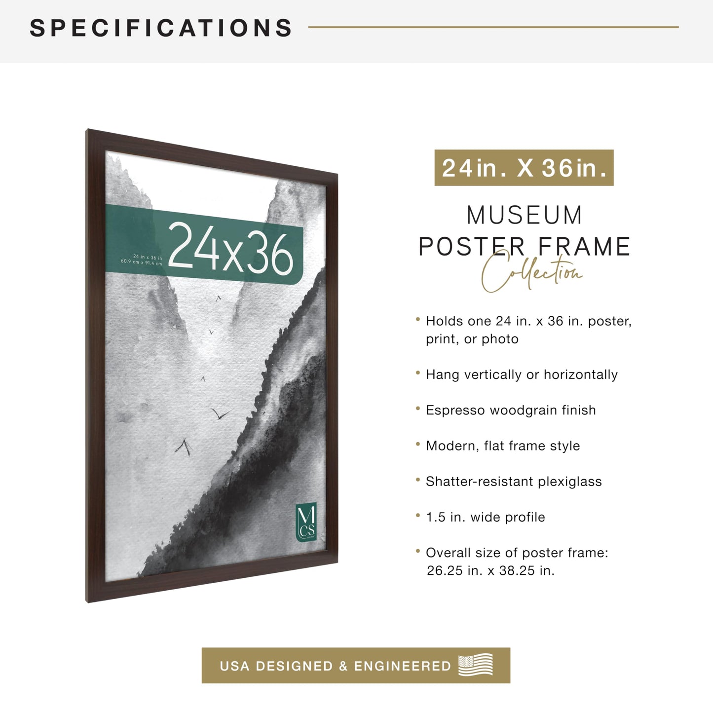 MCS Museum Poster Frame 24x36 Espresso Woodgrain, Vertical & Horizontal Wall Hanging Large Picture Frame for Photos, Posters & Art Prints (1-Pack)