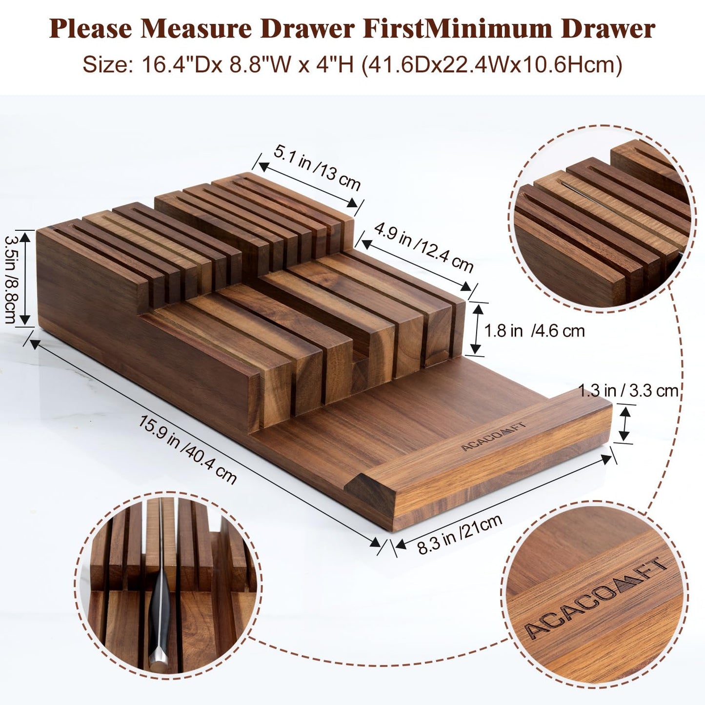 Acacomft In-Drawer Knife Block, Acacia Wood Kitchen Knife Drawer Organizer, Knife Holder without Knives For Up to 12 Knives Steak Knife Chef Knife