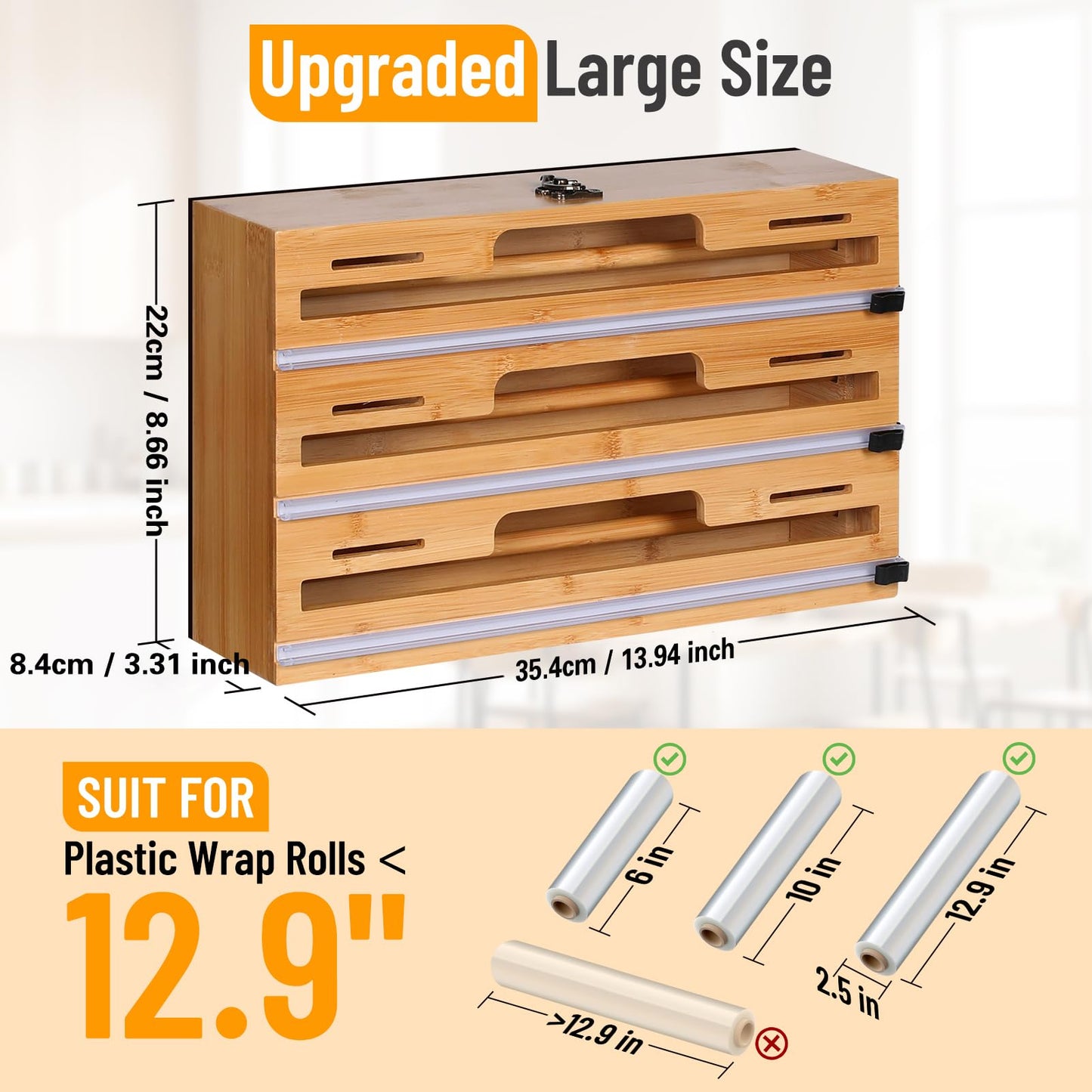 Allinside Magnetic Plastic Wrap Dispenser with Cutter, 3 in 1 Refrigerator Bamboo Wood Organizer for Tin Foil, Baking Paper, Wax Paper Holder Kitchen Storage Box Compatible with 12.9" Roll (3 Layer)