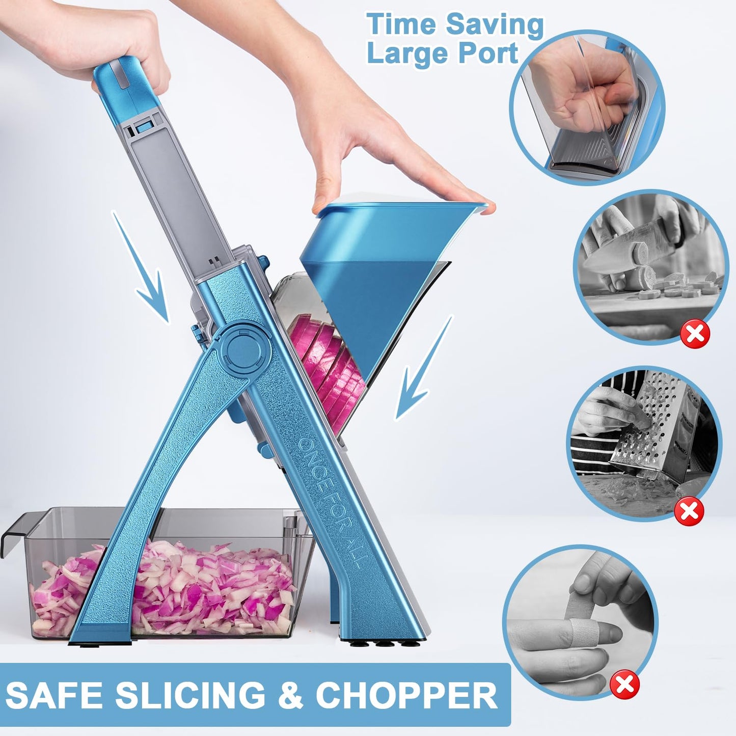 QYKIC Upgrade Safe Mandoline Slicer for Kitchen, Vegetable Chopper and Slicer, Potato Slicer Thickness Adjuster, French Fry Cutter, Veggie Onion Dicer Faster Kitchen Mandolin for Meal Prep (Blue)