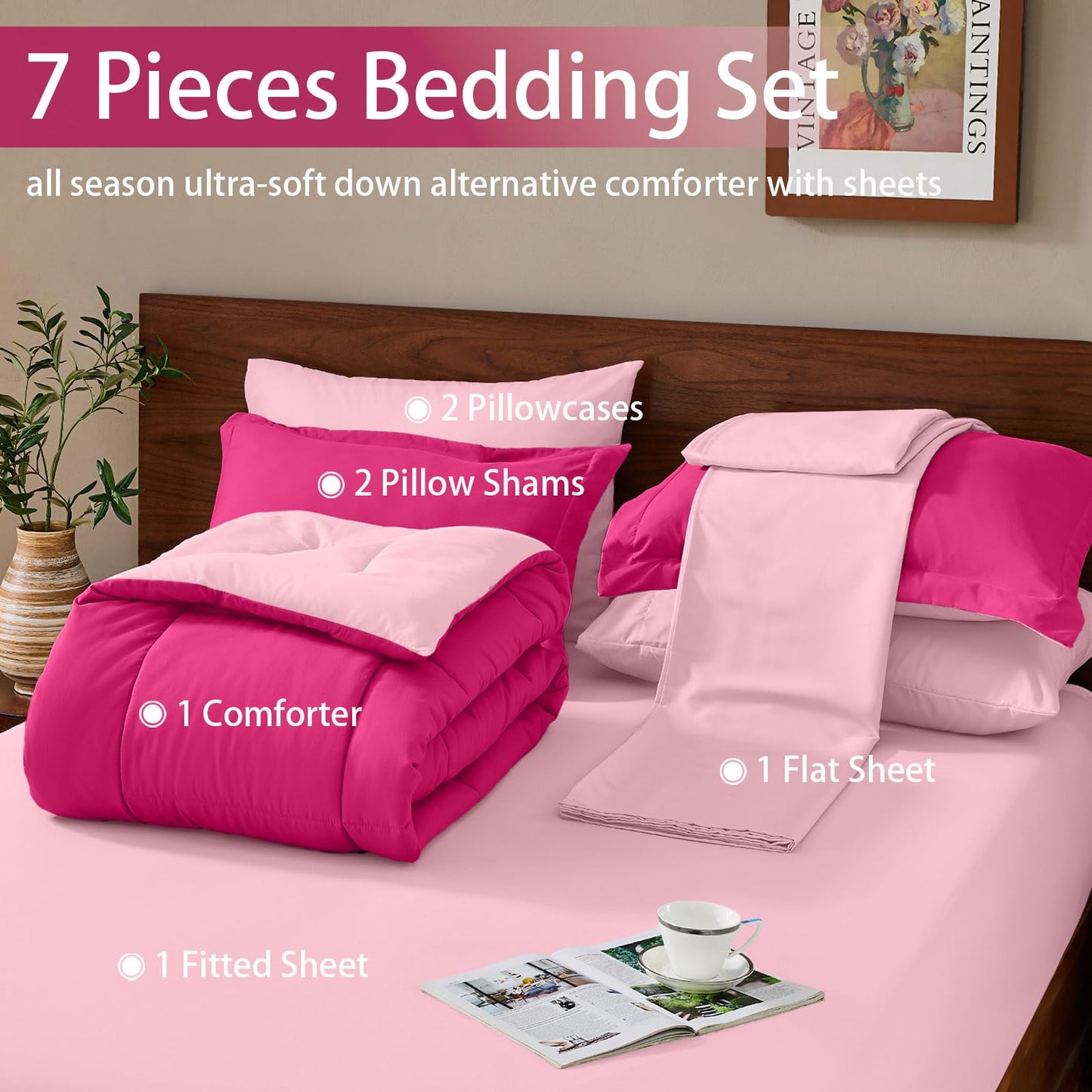FUANNA Queen Comforter Set 7 Pieces, Reversible Queen Size Bed in a Bag with All Season Soft Comforter, Bedding Sets Includes Comforter, Flat Sheet, Fitted Sheet, Pillowcases & Shams, Hot Pink & Pink