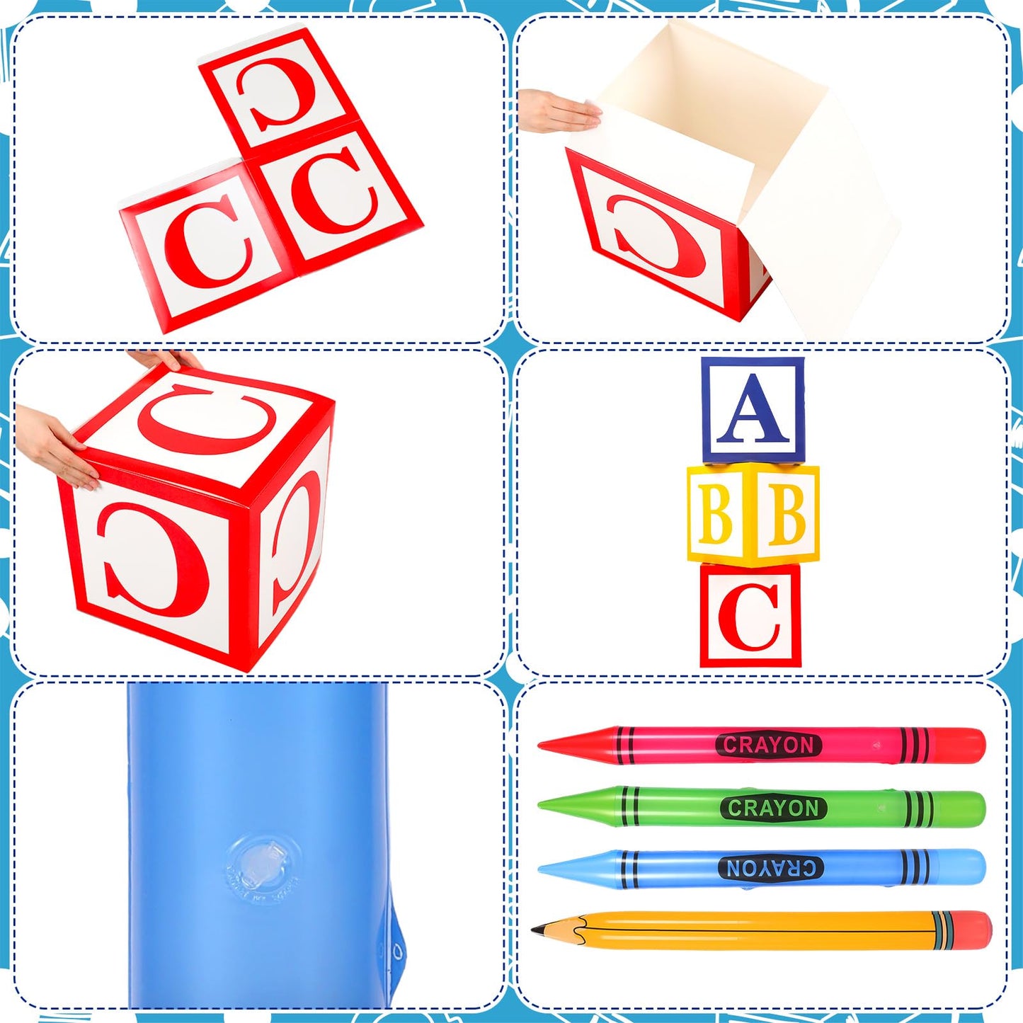 Resholder 14 Pcs Giant School Theme Party Decorations ABC Alphabet Party Favor Box Large Inflatable Pencil Crayon for Celebration Back to School Birthday Decoration