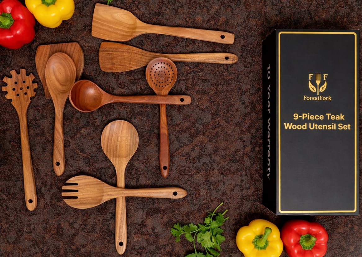 Wooden Kitchen Utensil Set, 9-Piece Teak Wood Cooking Spoons-Heat-Resistant, Non-Scratch, Durable Kitchen Tools, Perfect Cooking Gift