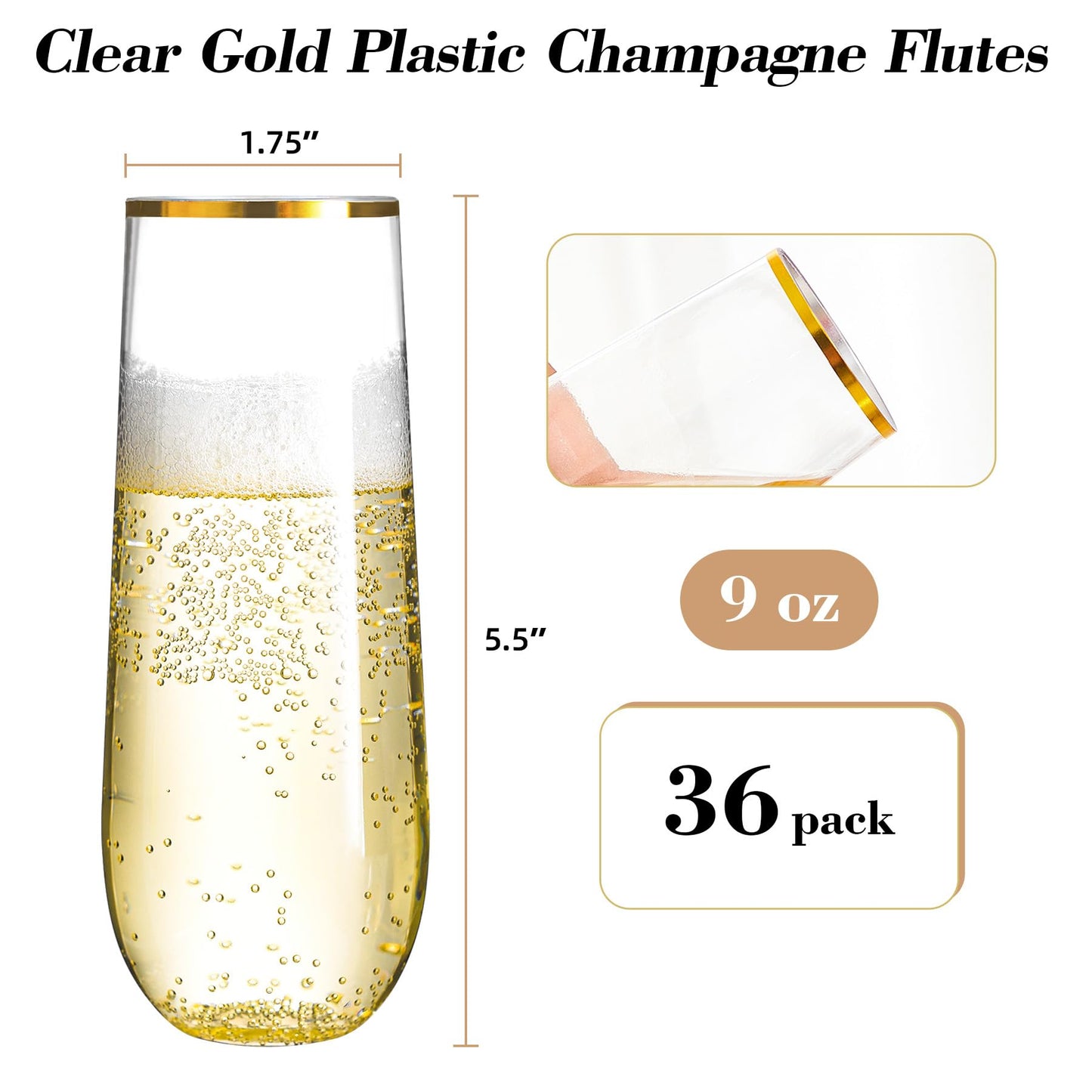 N9R 36PCS Plastic Champagne Flutes, 9 Oz Stemless Disposable Gold Rim Toasting Glasses, Crystal Clear Cocktail Cups Drinkware Shatterproof Ideal for Party Wedding Birthday