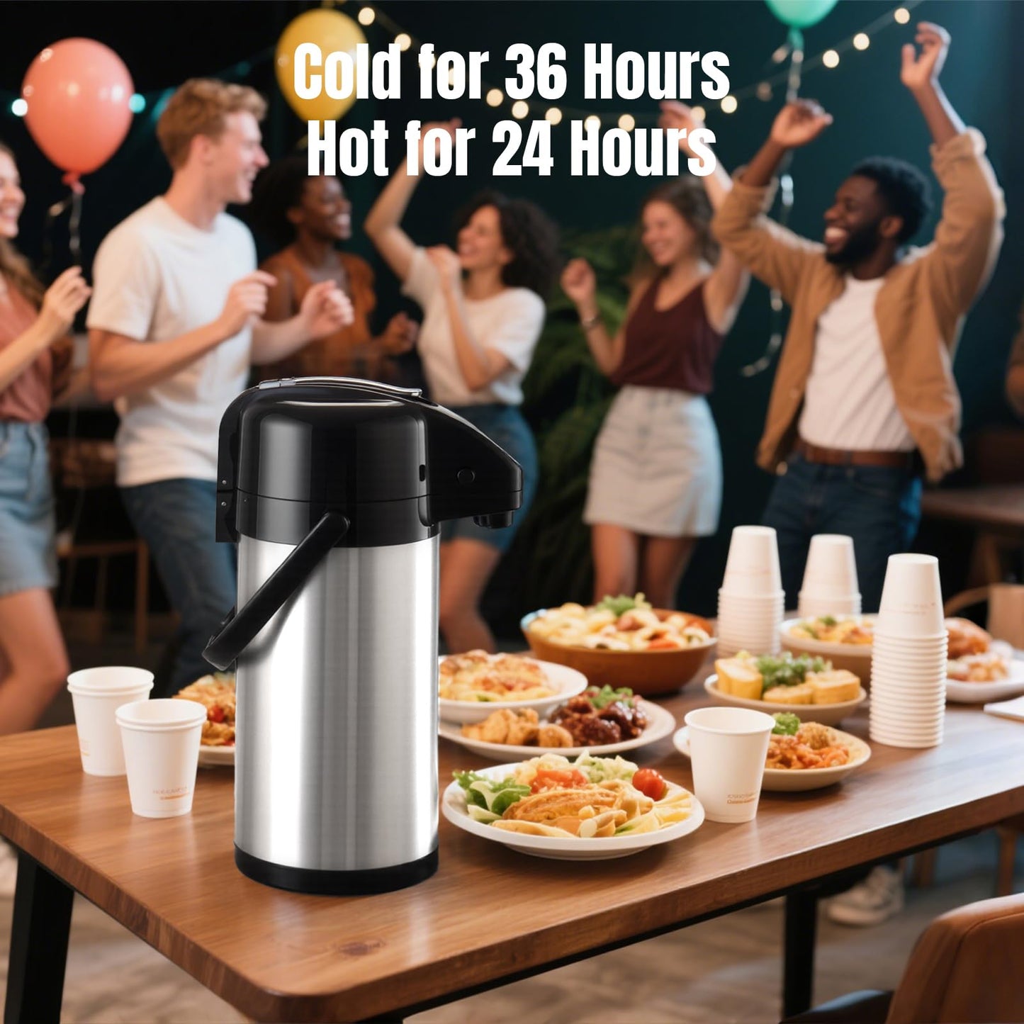 PARACITY Upgraded Airpot Coffee Carafe with Double Pump, Stainless Steel Drink Dispenser for Hot/Cold Beverage with Lazy Susan Base, Coffee Termos Para Cafe for Hot Cocoa for Parties