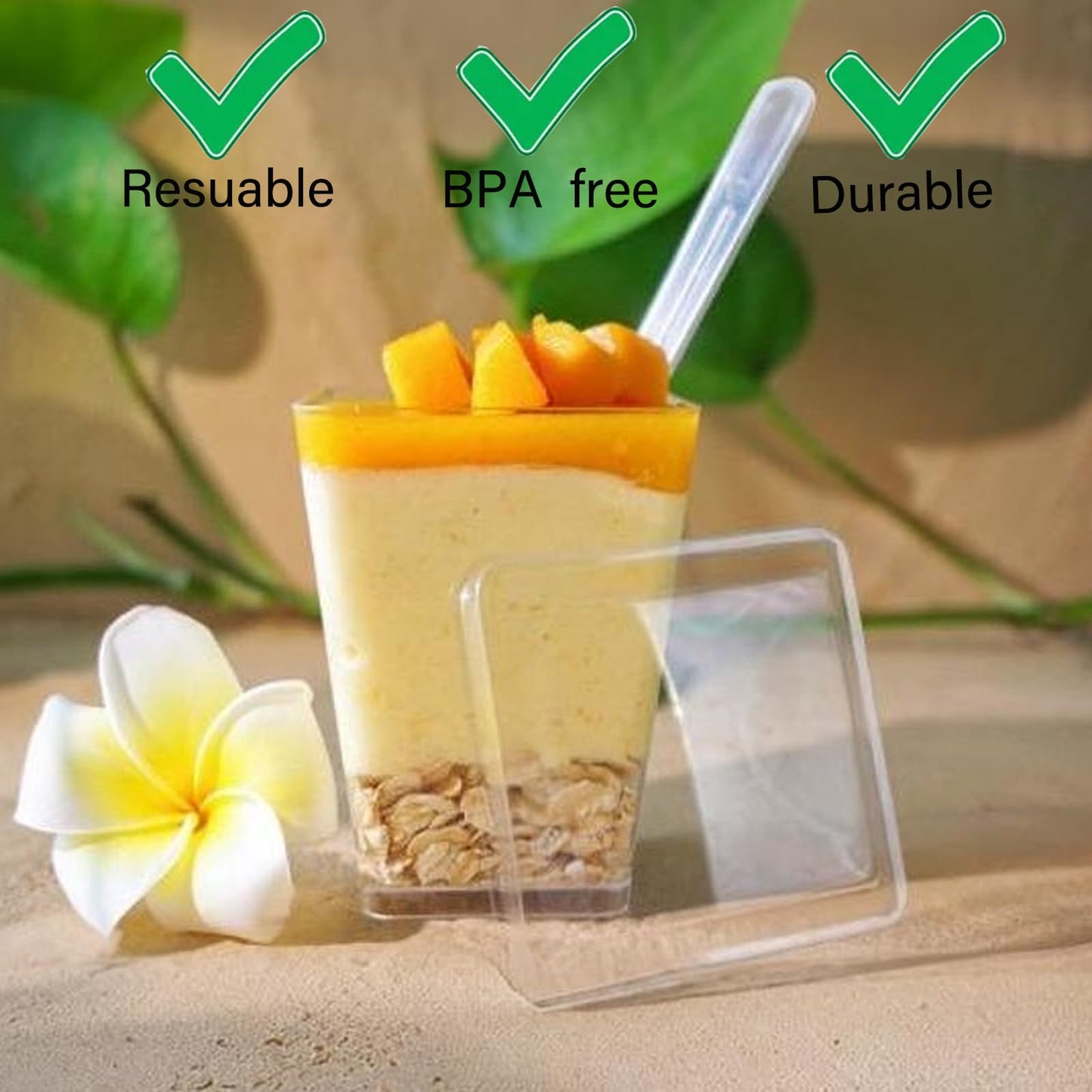 Toowood 300 Pack 100 Set Clear Dessert Cups with Lids and Spoons, 5.4oz Mini Dessert Cups Reusable Square Parfait Cup for Party Appertizer, Christmas
