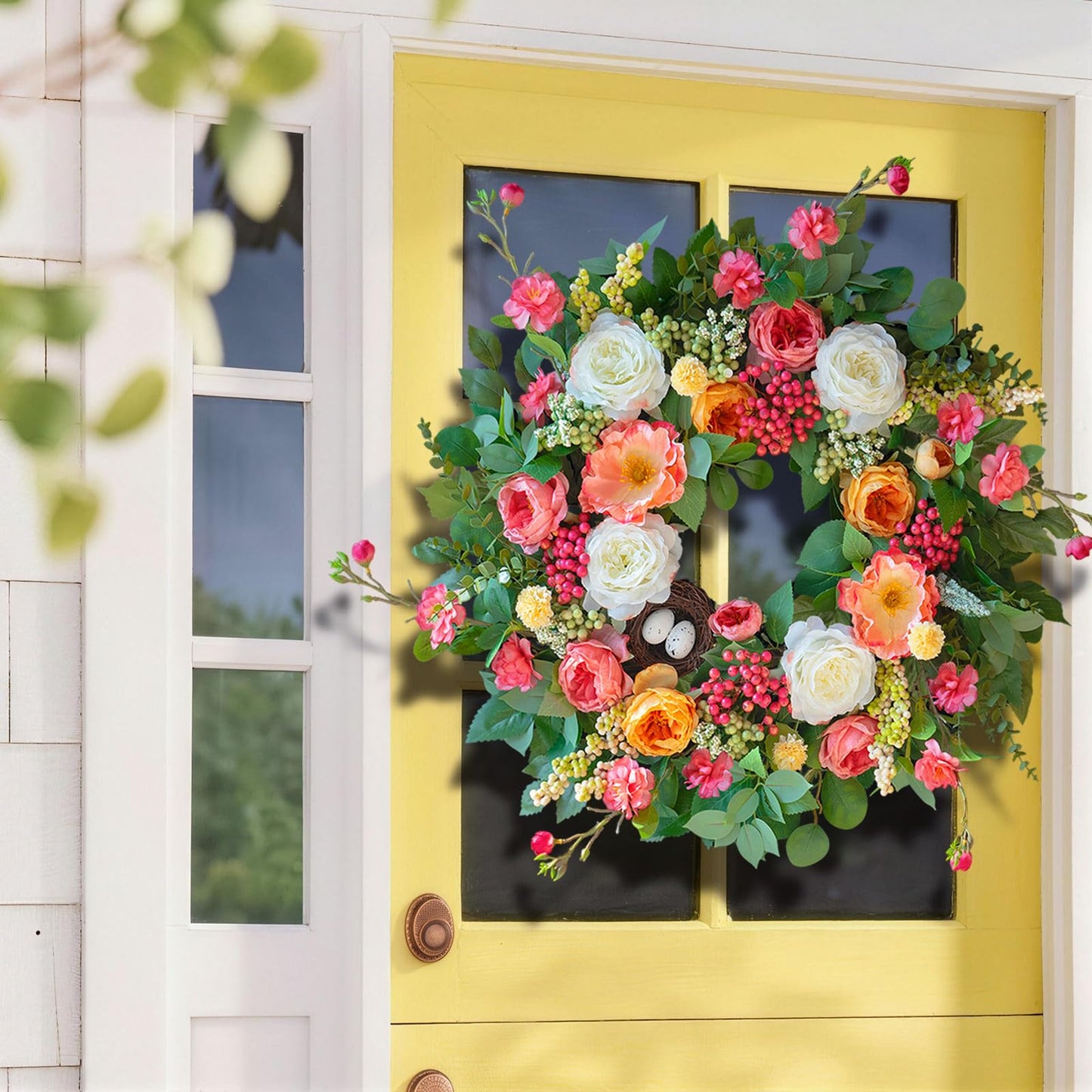 CHvista 24 Inch Spring Wreaths for Front Door Outside,Handcrafted Spring Door Wreath with Roses,Eucalyptus Greener y& Bird Nest Eggs,Luxury Summer Wreaths for Front Door for Porch Home Wall Window