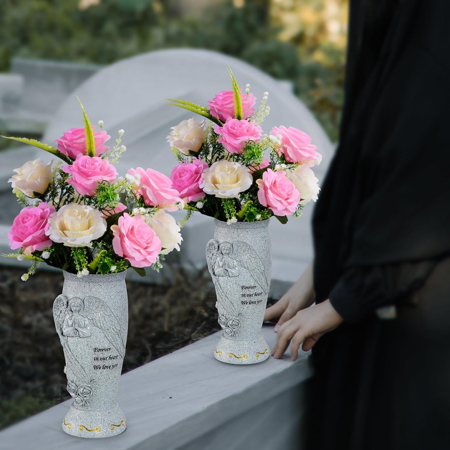 Cemetery Vase, Memorial Grave Vase with Ground Spikes, Angel Vases for Artificial Flowers, Grave Flowers Holder for Cemetery Headstone (2Pcs, Flowers are NOT Included)