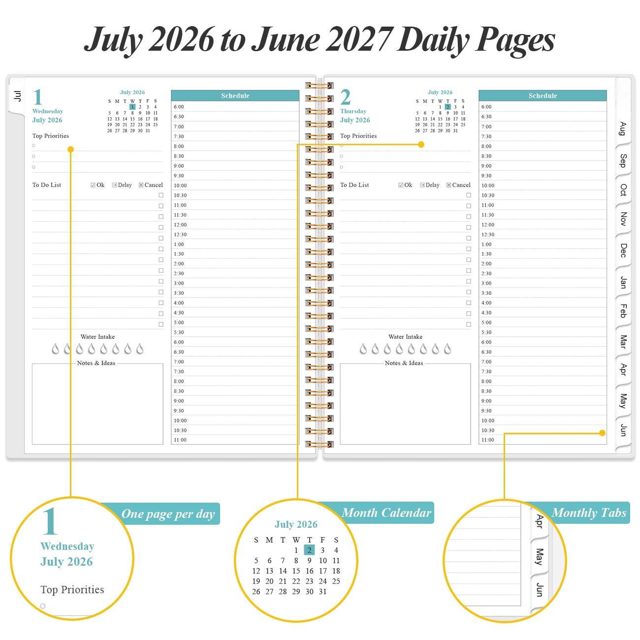 2026-2027 Daily & Monthly Planner - One Page Per Day, Daily Planner from July 2026 - June 2027, Planner 2026-2027 with 12 Monthly Tabs, 8.5" x 11", Flower-A