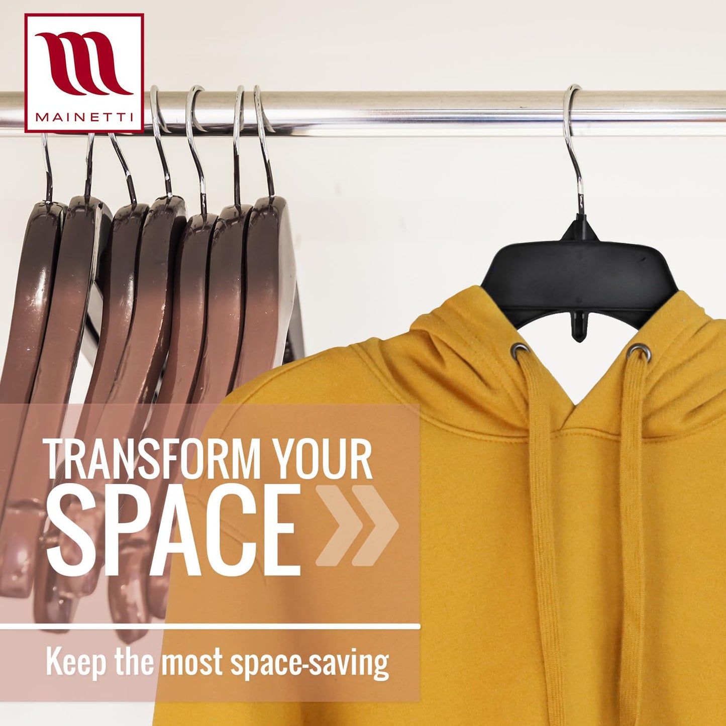 Mainetti 484 Recycled Black Plastic Hangers - 100 Pack with Rotating Metal Hook and Notches for Straps, Great for Shirts/Tops/Dresses, 17-Inch