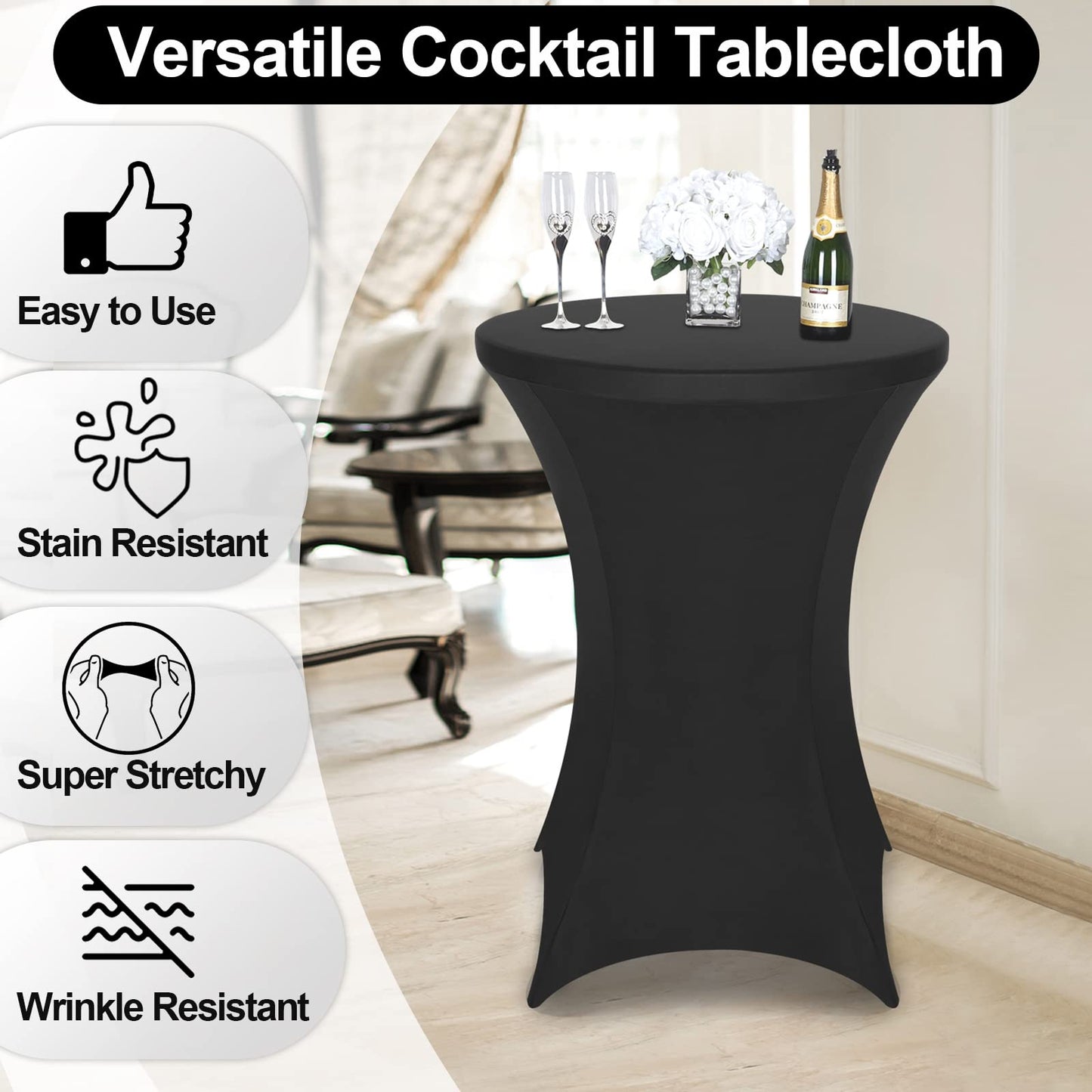 FestiCorp 2 Pack Spandex Black Table Cover, Cocktail Fitted Tablecloths, Round Highboy Stretch Table Covers Cloths for Party, DJ, Bar, Wedding, Birthday, Banquet, 30"-32" Diameter x 40"-43" Height