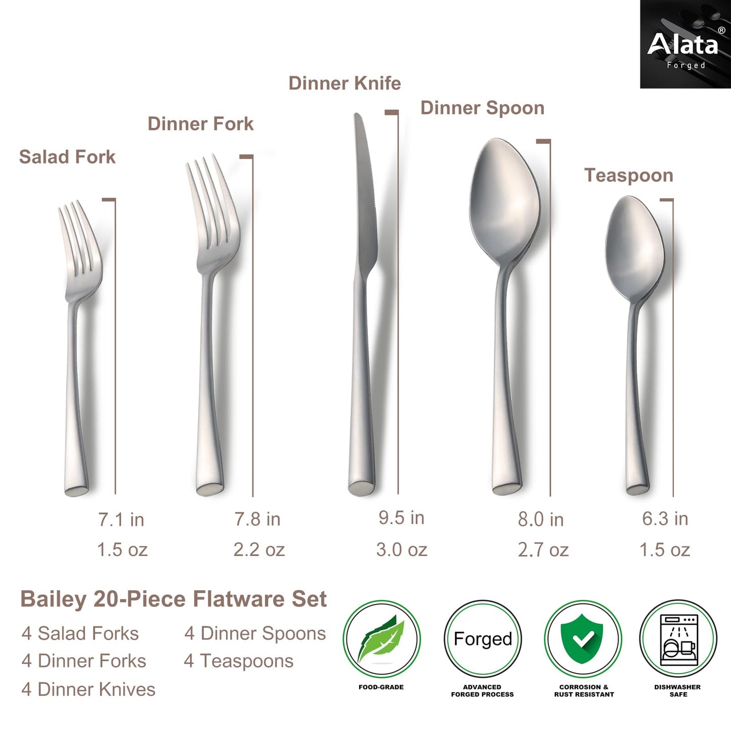 Alata Bailey 20-Piece Forged Stainless Steel Flatware Set Cutlery Set,Service for 4,Matte Satin Finish,Dishwasher Safe…