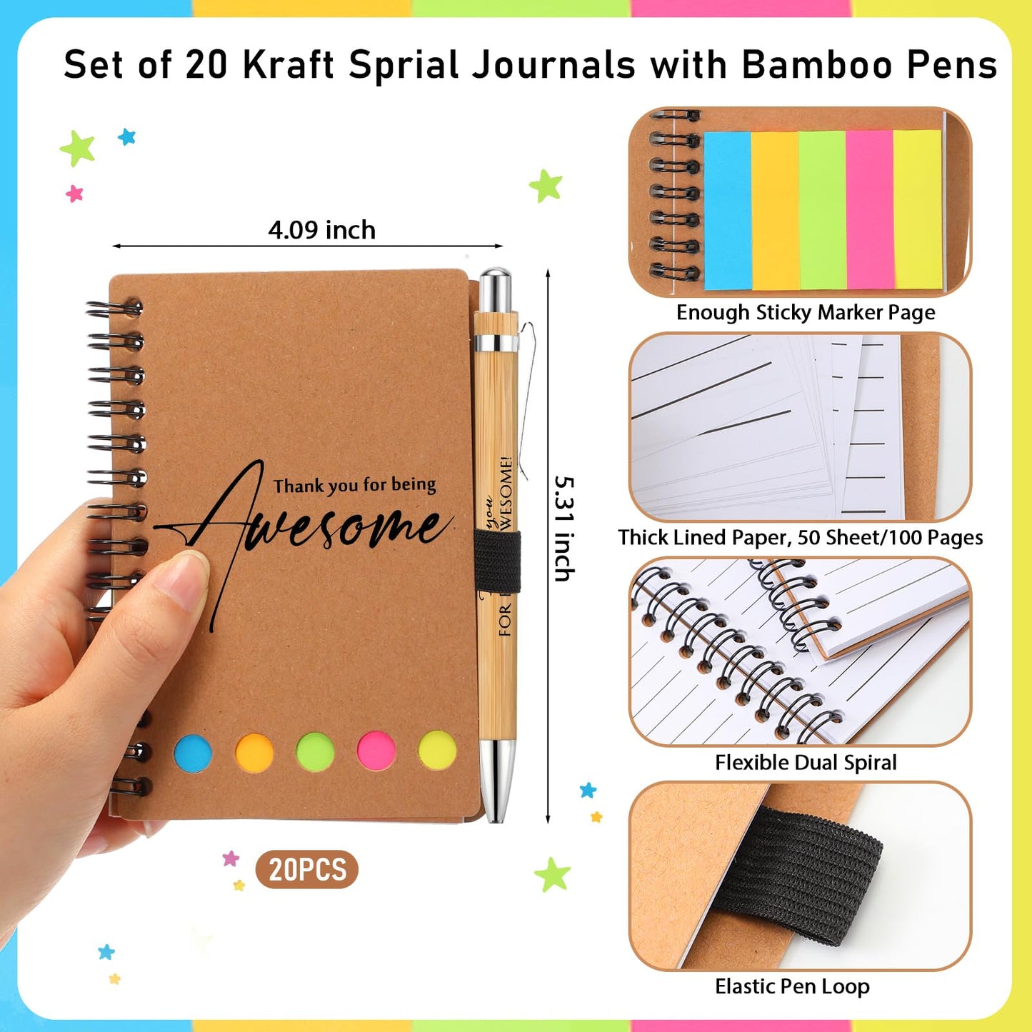 Chuangdi 20 Sets End of Year Teacher Gifts Bulk Inspirational Spiral Notebook with Sticky Note Motivational Pen Appreciation Gifts for Employee Team Staff Coworker (Classic,Kraft)