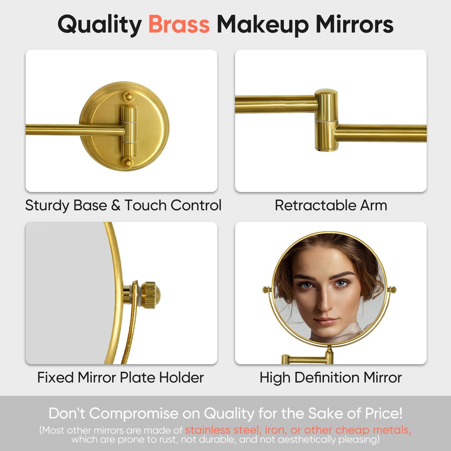 GURUN 8" Wall Mounted Makeup Mirror with 10X Magnification,Two-Sided Swivel Bathroom Mirror,Brushed Gold Finish M1306GJ(8",10X) for Women Mom