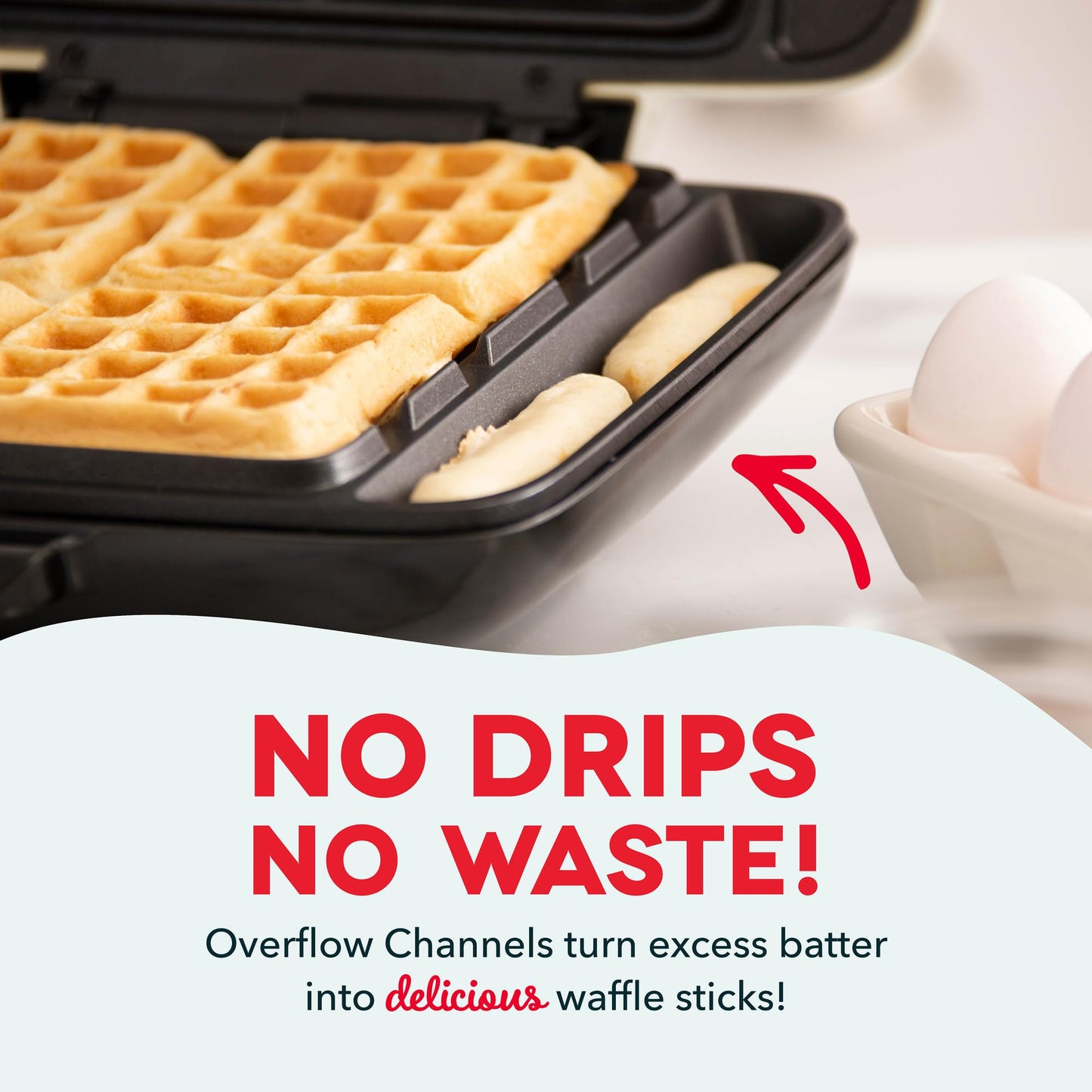 DASH No-Drip Waffle Maker: Waffle Iron 1200W + Waffle Maker Machine For Waffles, Hash Browns, or Any Breakfast, Lunch, & Snacks with Easy Clean, Non-Stick + Mess Free Sides - Aqua