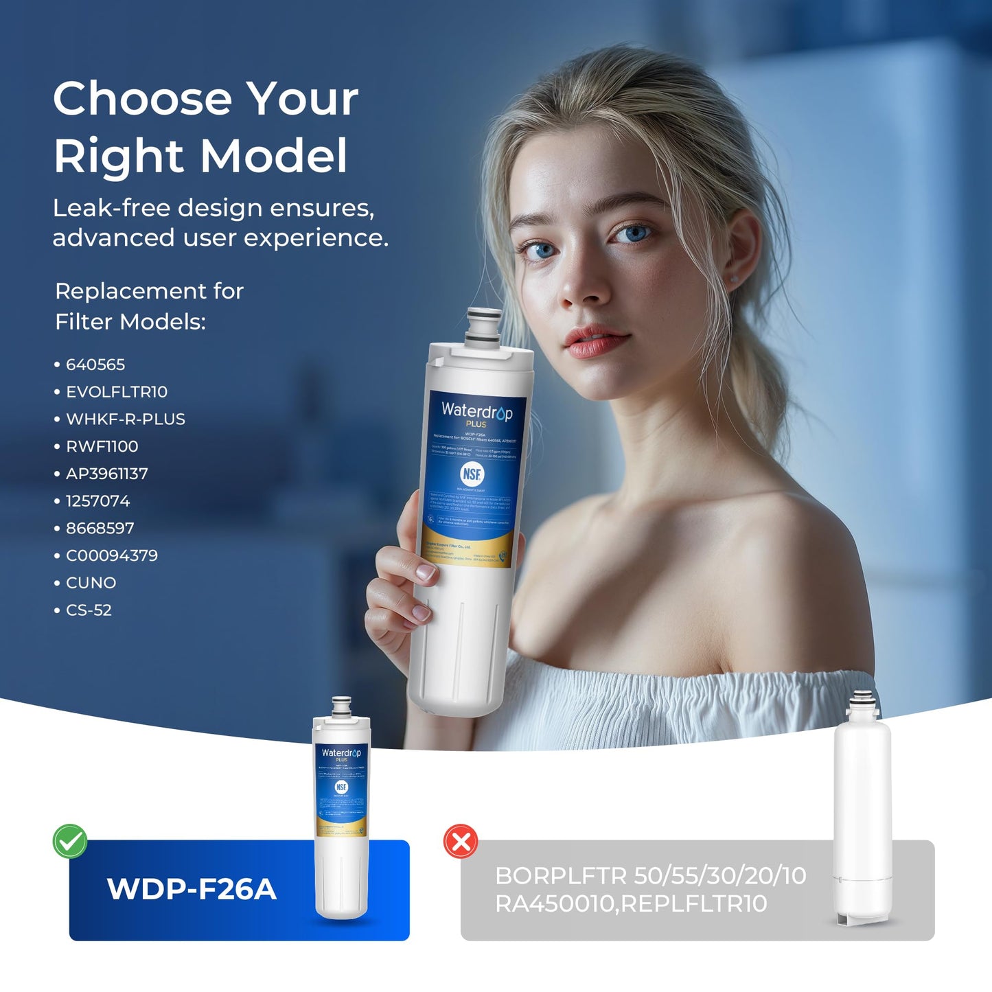 Waterdrop Plus 640565 Refrigerator Water Filter, Reduce Lead&PFAS, Replacement for Bosch® 640565, NSF 401, 53 & 42 Certified, 3 Filters