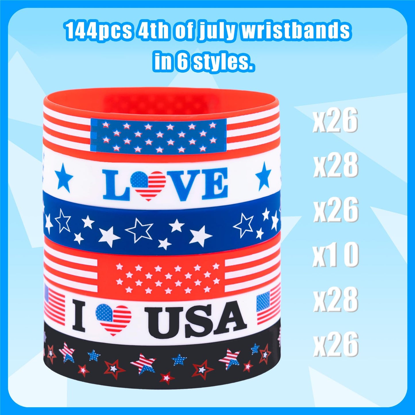 Moon Boat 144PCS 4th/Fourth of July Accessories Party Favors: Patriotic Silicone Rubber Bracelets Bulk USA Flag Wristbands American Memorial Day Decorations Gifts Supplies