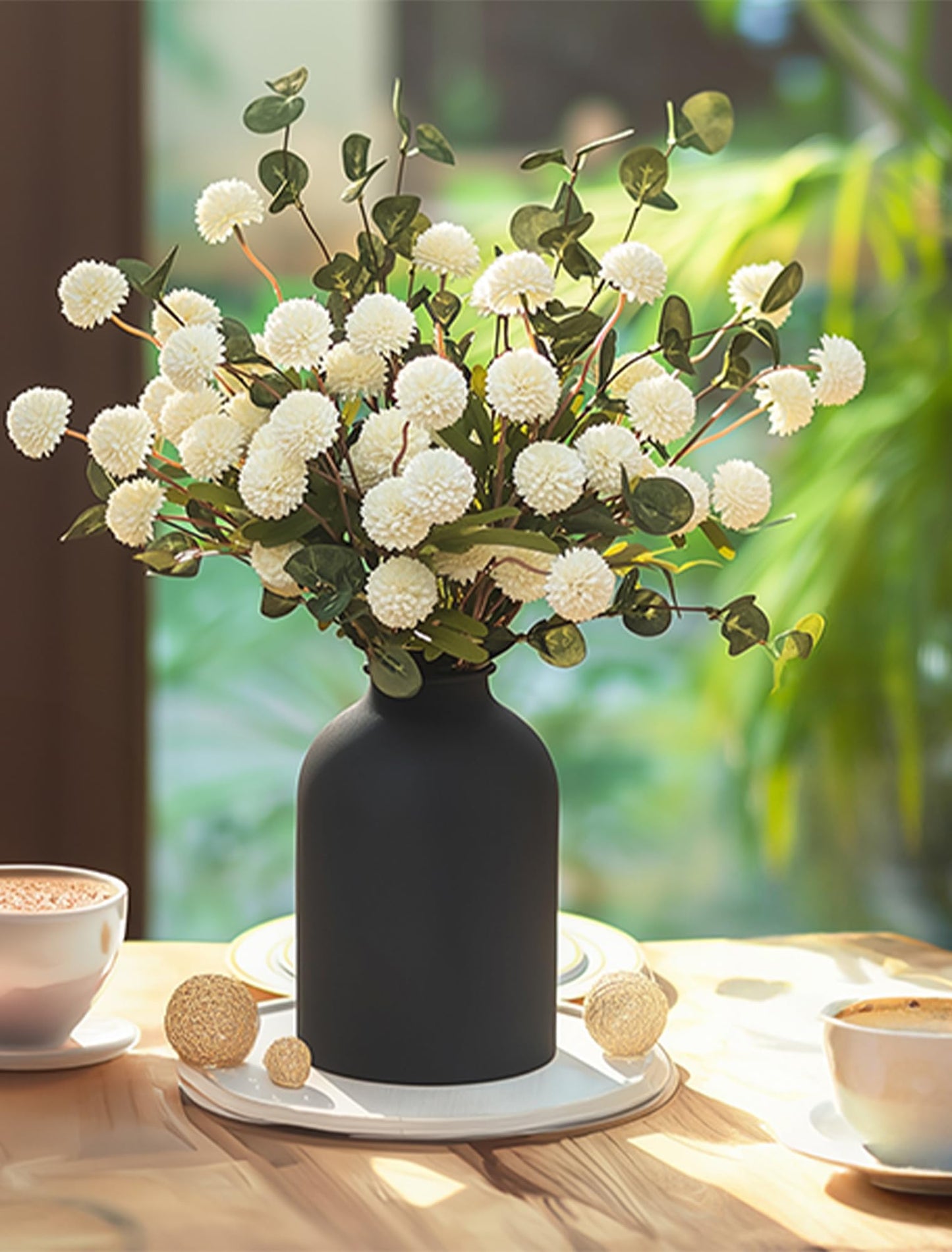 BLOSMON Fake Flowers in Vase for Centerpieces: Metal Vase with 12 Stems of Artificial Mums Kiku Flowers Eucalyptuses Dining Table Decor - White Faux Silk Pom Poms Floral Arrangements for Home Indoor