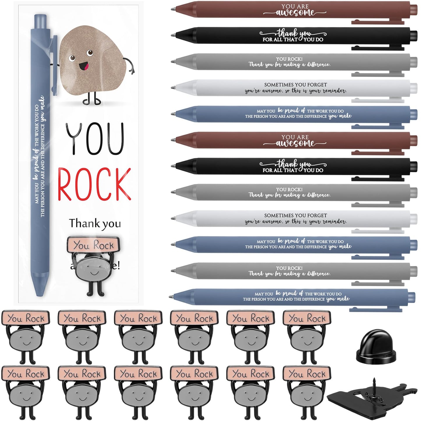 Sayglossy 50 Sets Employee Appreciation Funny Gift Motivational You Rock Gifts Bulk Ballpoint Pens Inspirational Cards Brooch Pin Organza Bags Inspirational Gift for Coworker Staff