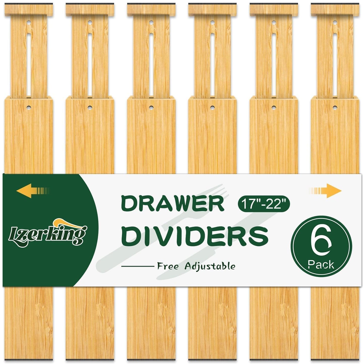 Lzerking Kitchen Drawer Dividers 6 Pack, 17-22" Adjustable Bamboo Drawer Organizers Large, Spring Loaded, Expandable Utensil Organizer, Works in Kitchen, Dresser, Closet, Bathroom, Bedroom