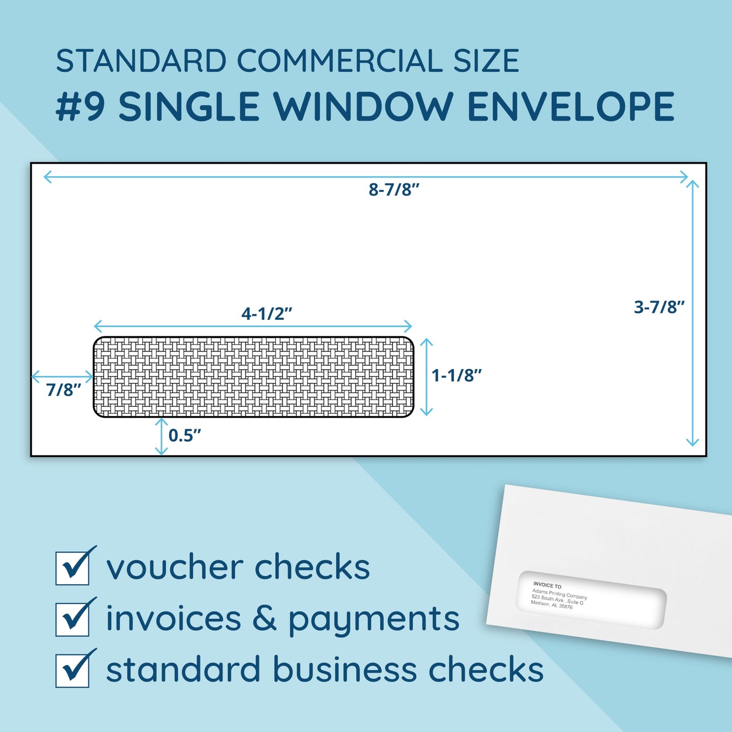 500#9 Single Window Security Envelopes, Thick Gummed Seal, Designed for Secure Mailing of Payroll Checks, QuickBooks Invoices, Return Mail, and Business Statements - 3 7/8 x 8 7/8