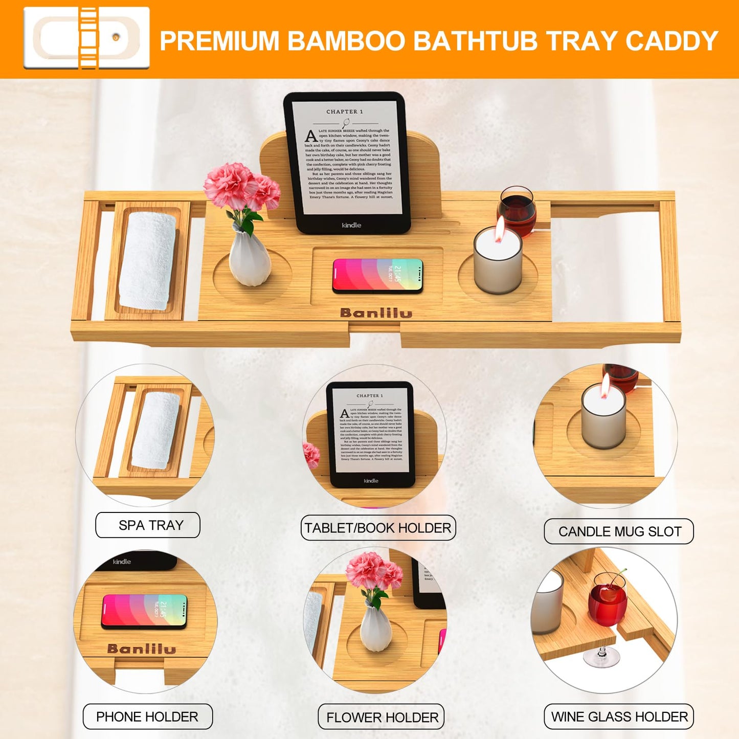 Banlilu Bathtub Tray - Bath Tray Expandable - Bath Tub Tray Table for Bathtub, Ajustable Size, Fits Most Tubs
