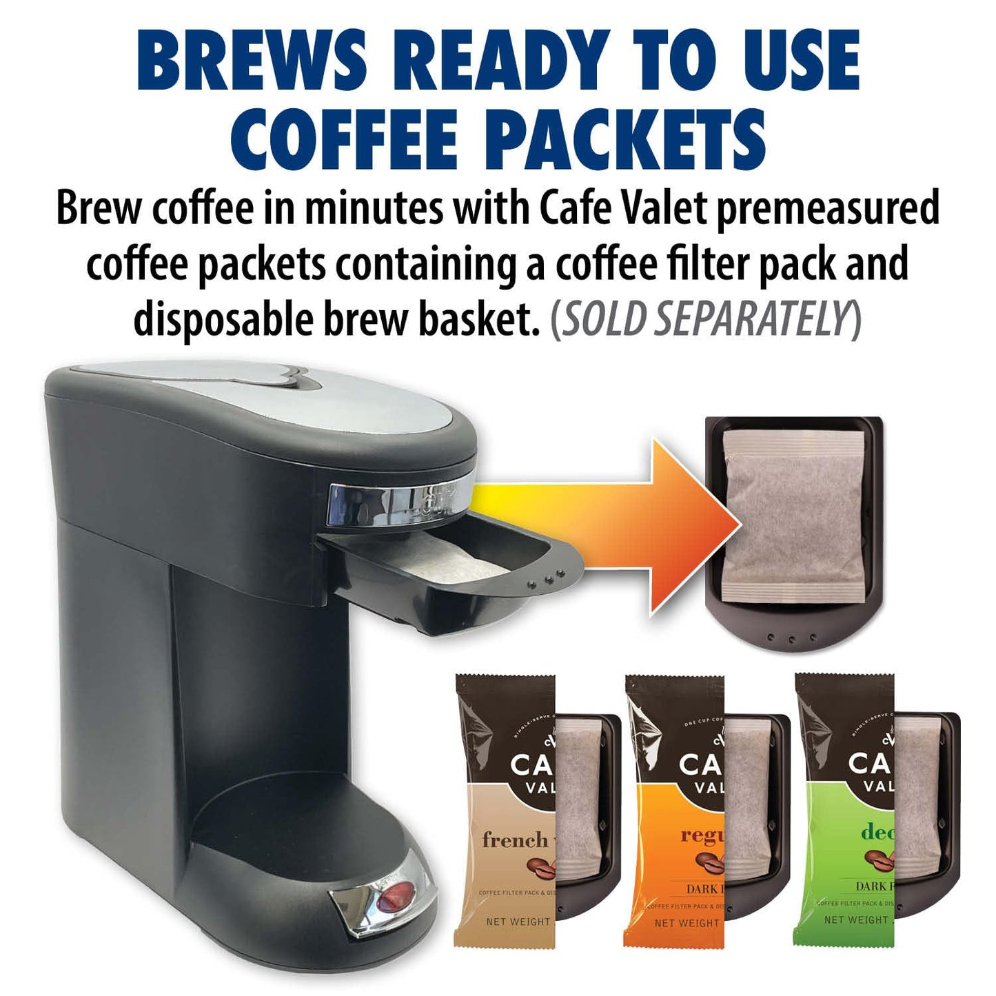 Café Valet Single Serve Coffee Maker, Brews 10 Ounces of Coffee or Hot Water, Compatible with Café Valet Coffee Packs